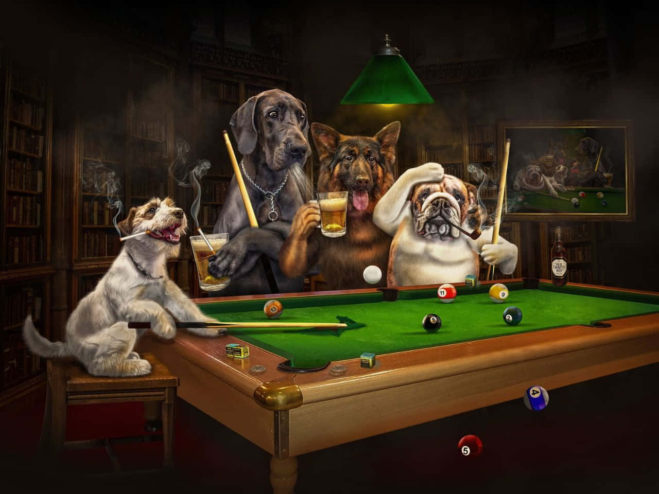 1280x960, anthropomorphic dogs, dimly lit pool hall, HD Desktop Wallpaper