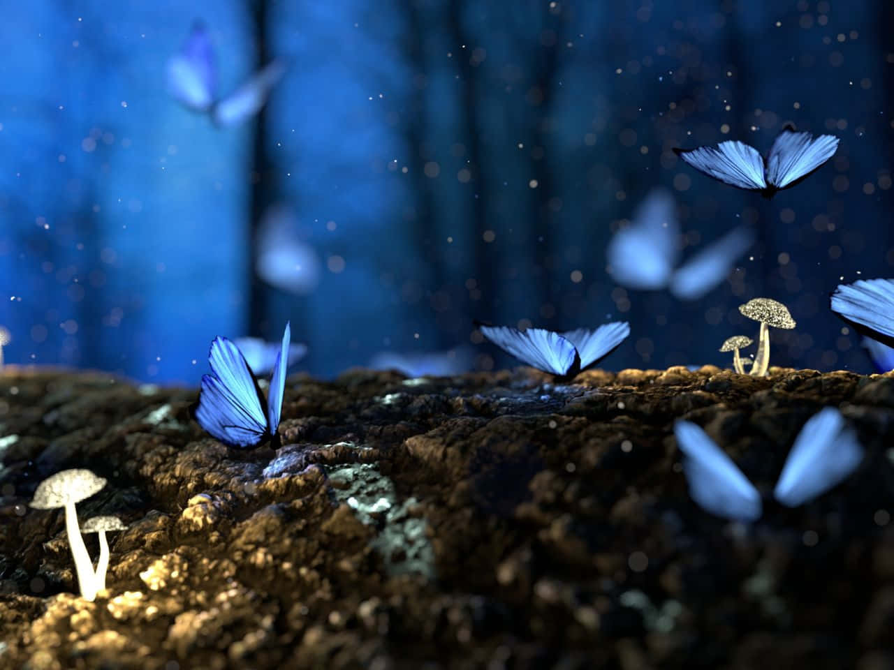 1280x960, blue butterflies, glowing mushrooms, HD Desktop Wallpaper