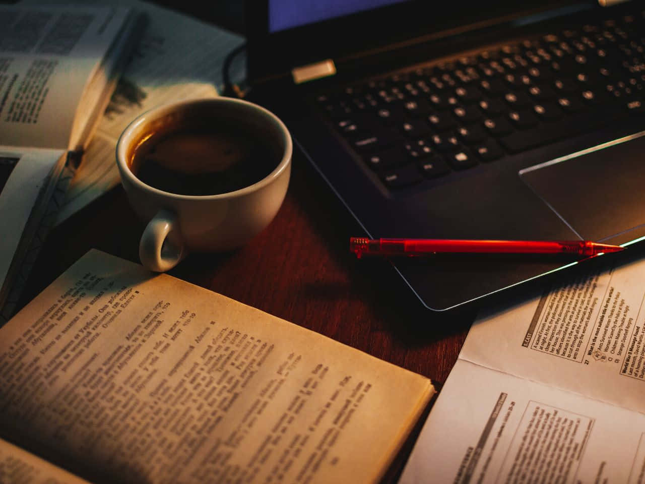 laptop, books, cup of coffee, HD Desktop Wallpaper