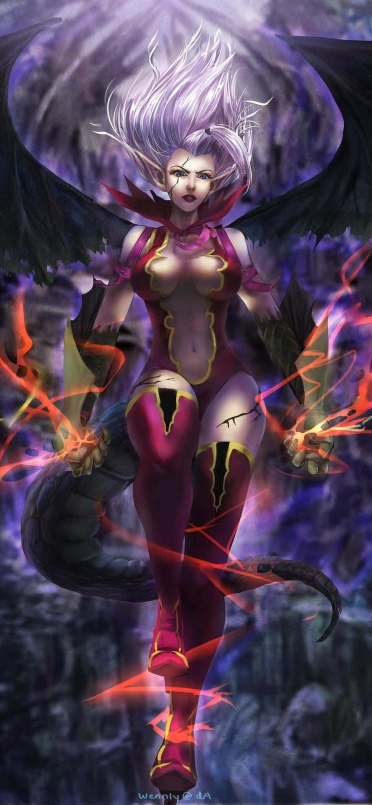 anime demoness, white hair, black wings, 2K Phone Wallpaper
