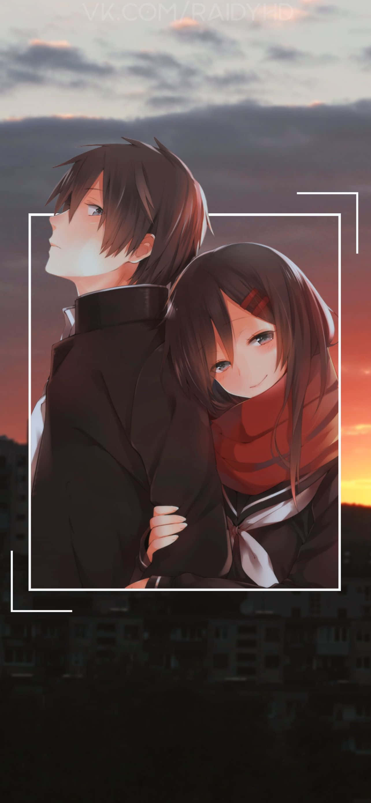 anime couple, warm sunset sky, white border, 2K Phone Wallpaper