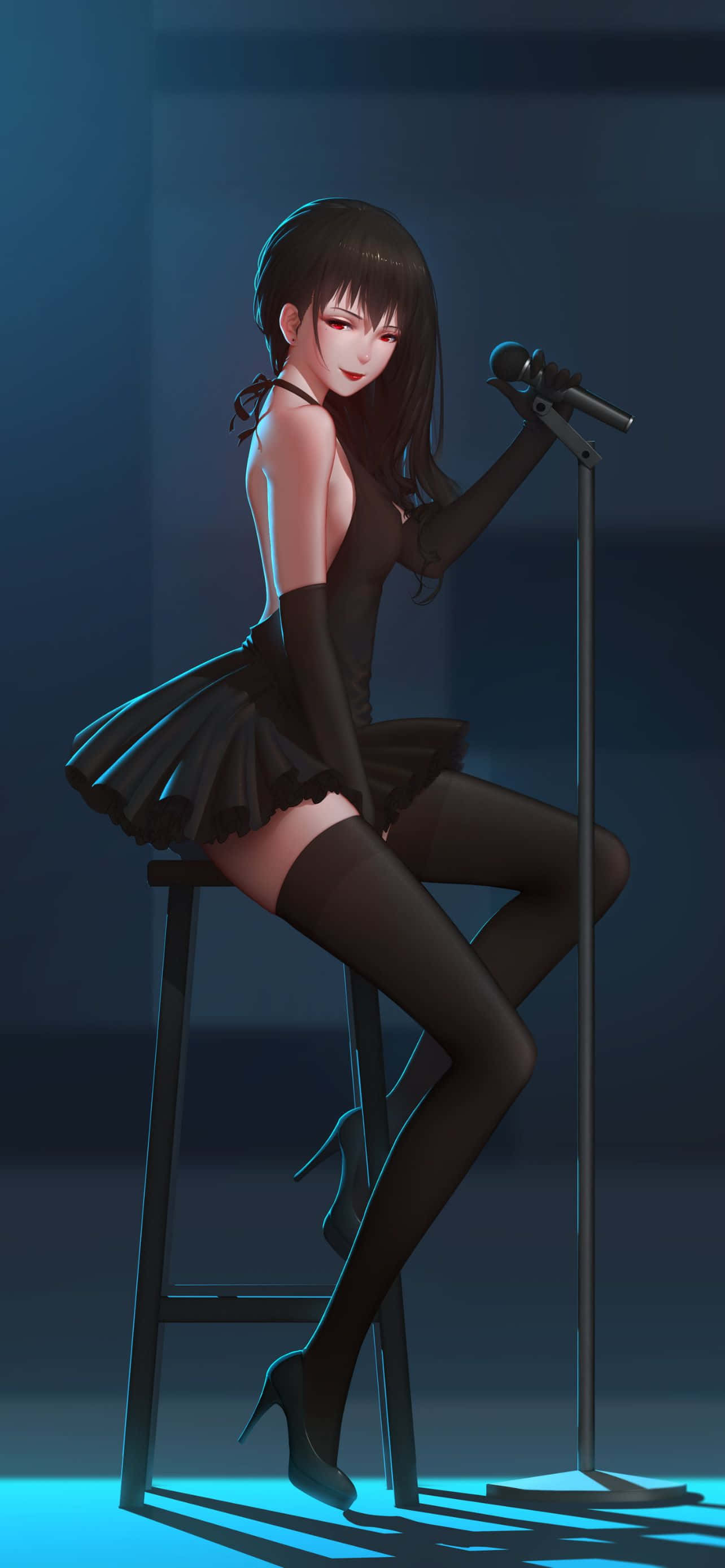 anime girl, black dress, stool, 2K Phone Wallpaper