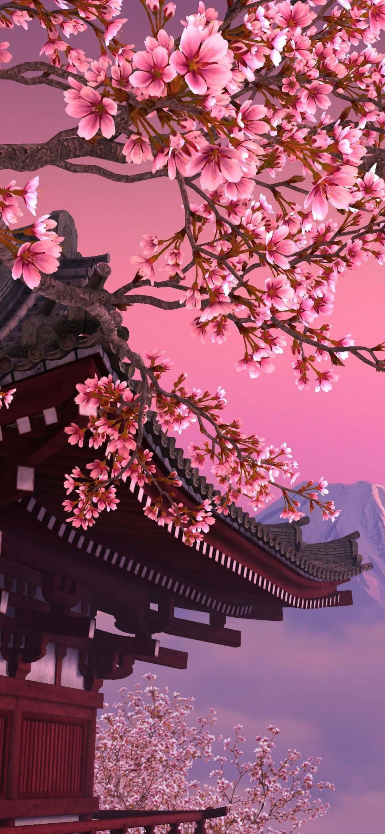 1290x2796, pink cherry blossoms, traditional Japanese temple roof, 2K Phone Wallpaper
