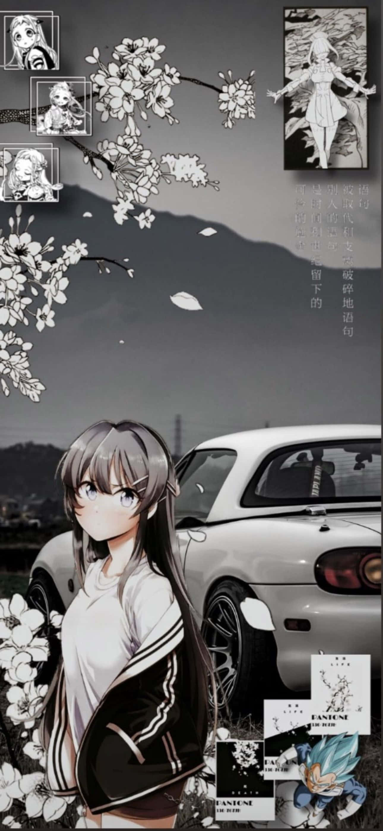 anime girl, school jacket, white sports car, 2K Phone Wallpaper