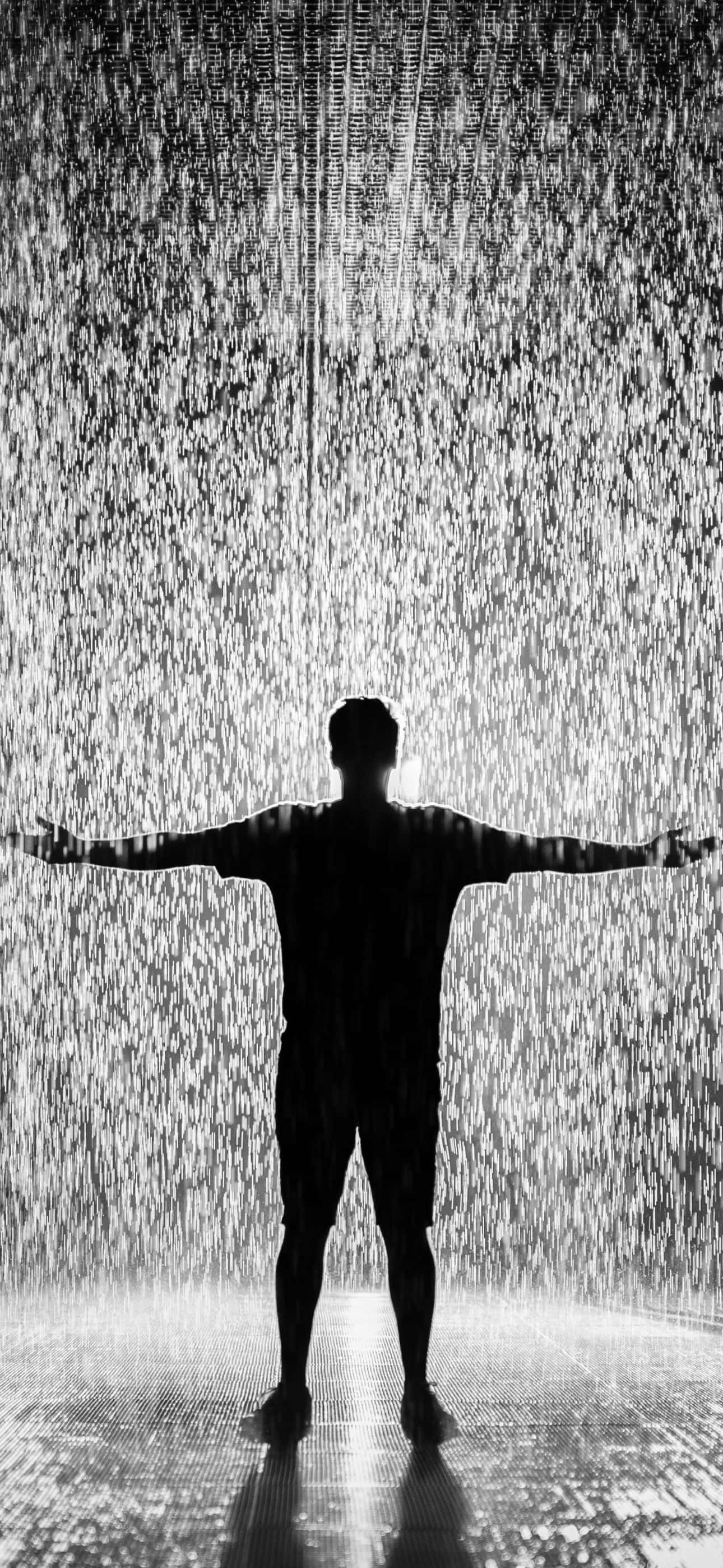 water fountain, cascading digital rain, glowing binary code, 2K Phone Wallpaper