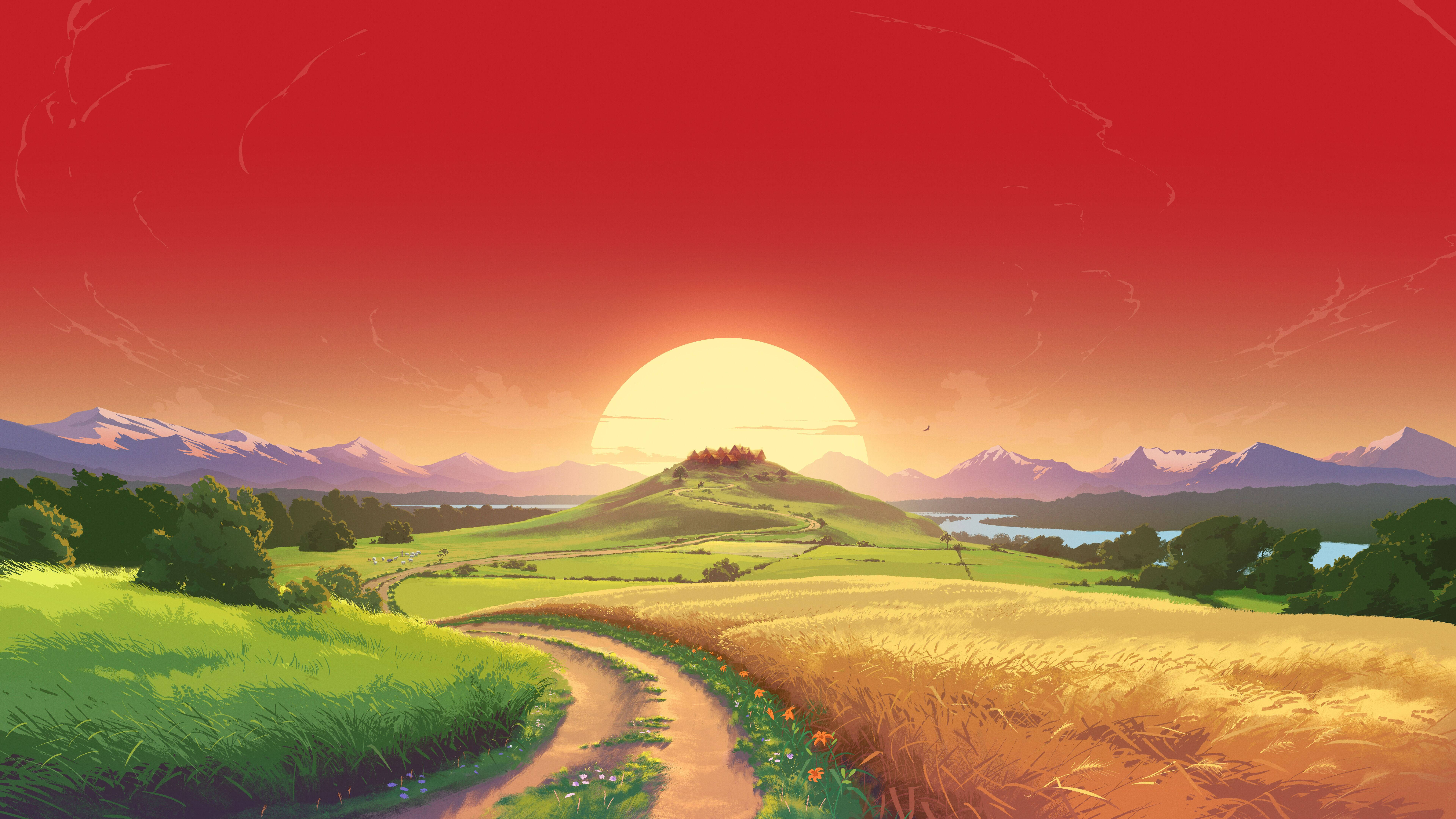 12k, field, sunset, 8K Desktop Wallpaper