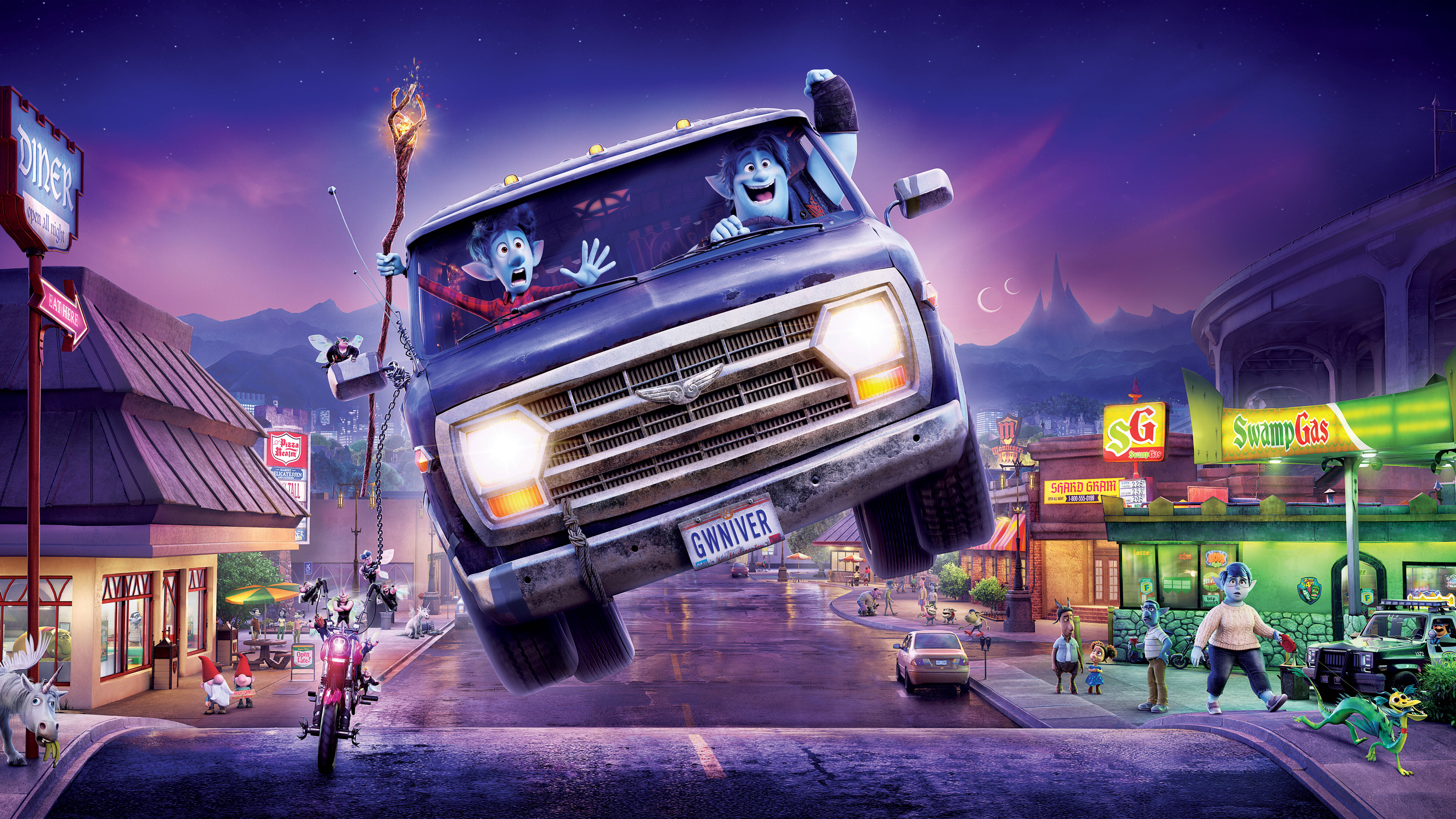 12k, neon-lit swamp town, blue truck, 8K Desktop Wallpaper