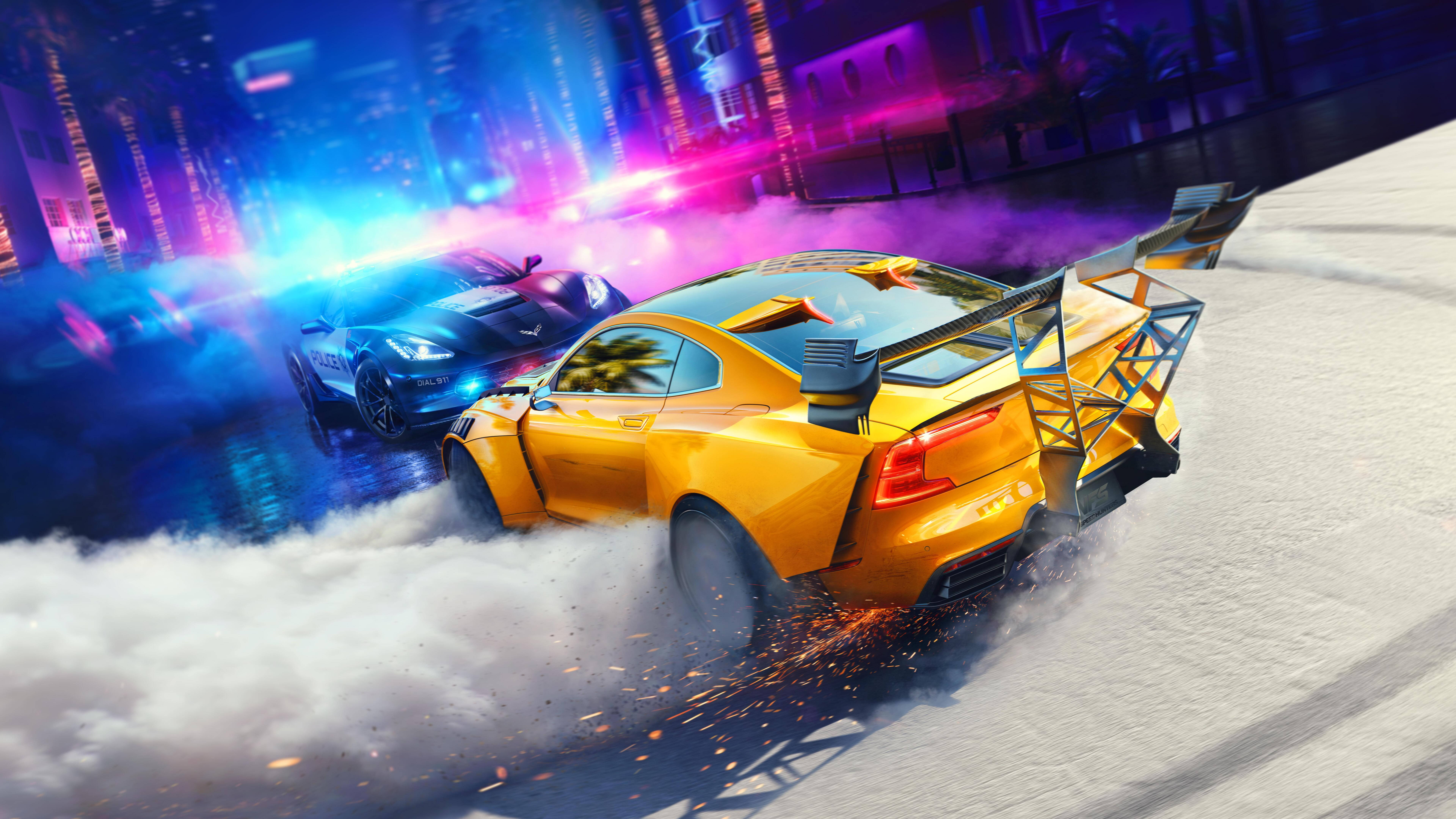 12k, yellow sports car, neon-lit city street, 8K Desktop Wallpaper