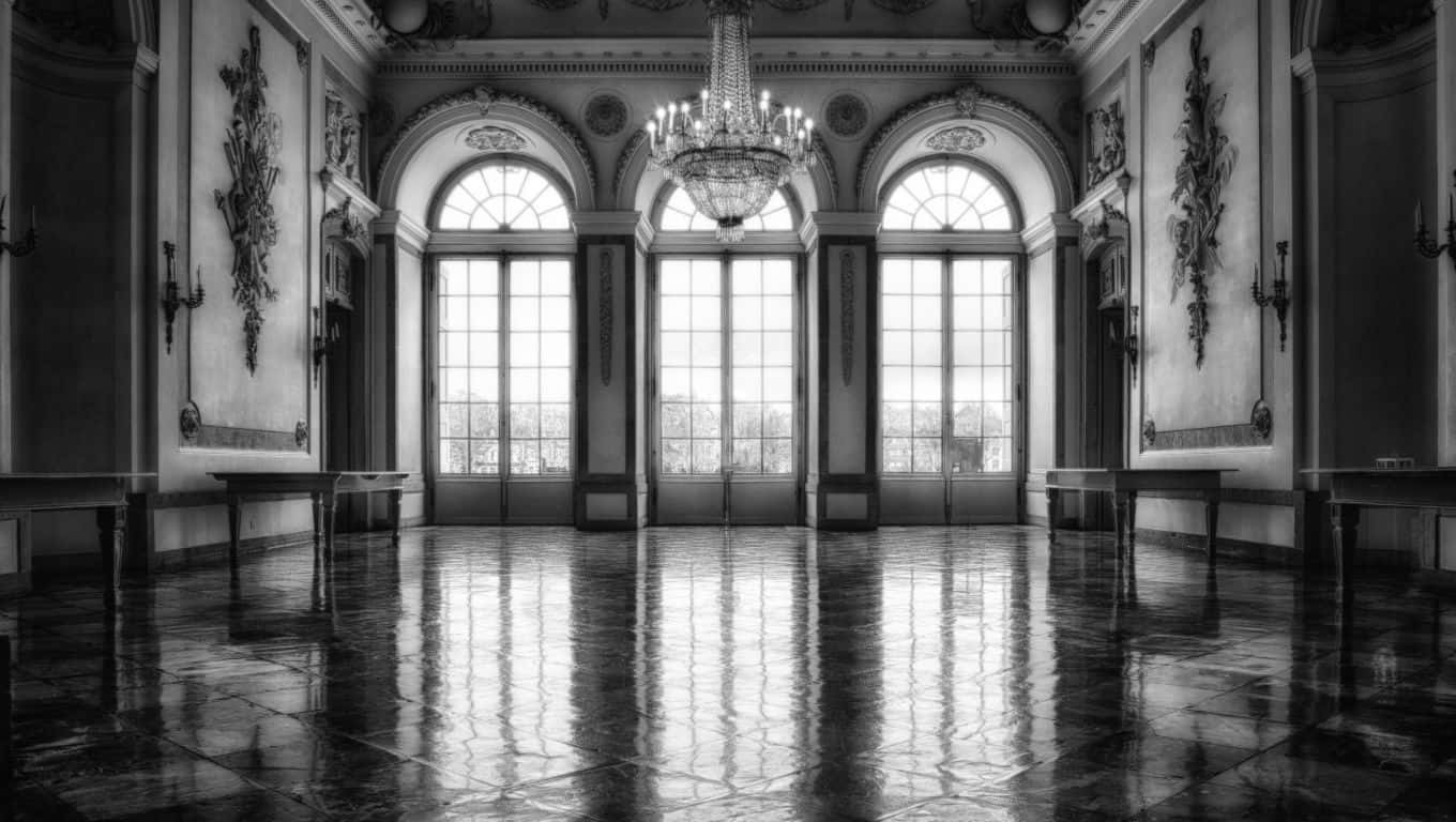 black and white hall, ornate ceilings, chandeliers, HD Desktop Wallpaper