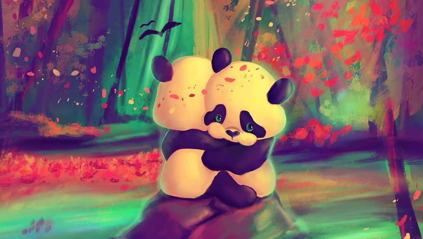pandas, autumn forest, falling leaves, HD Desktop Wallpaper
