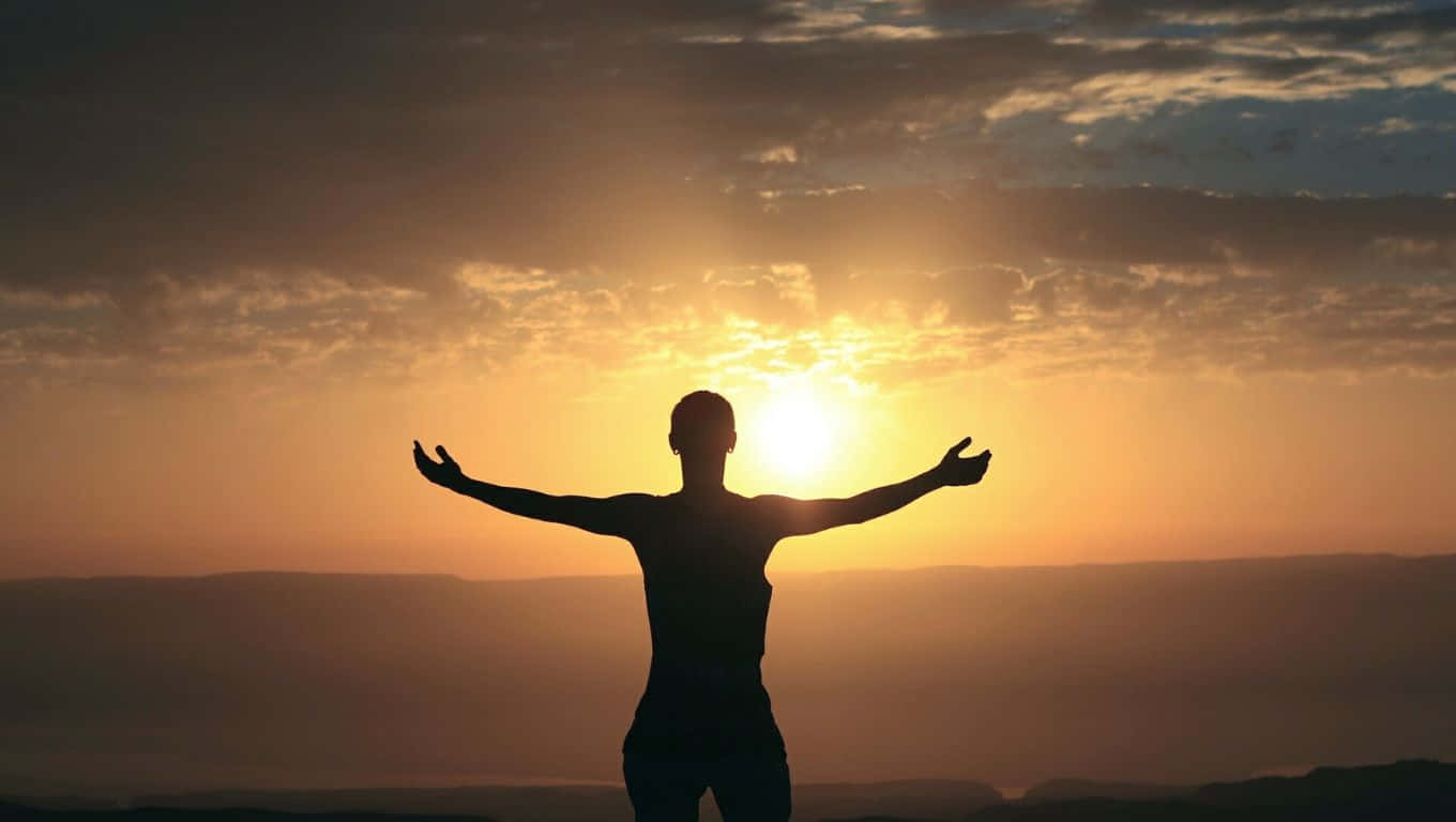 1360x768, glowing sunset sky, distant hills, HD Desktop Wallpaper