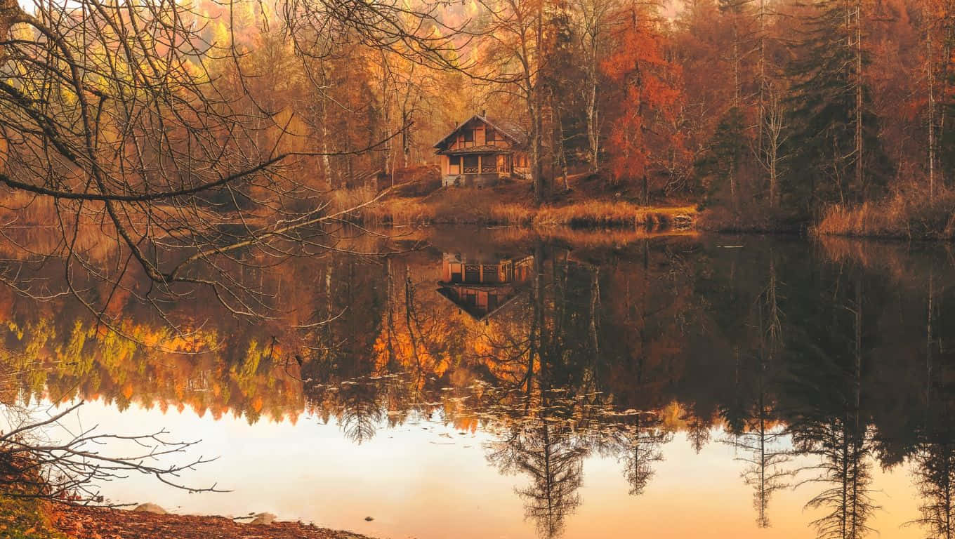 wooden cabin, autumn trees, calm lake, HD Desktop Wallpaper