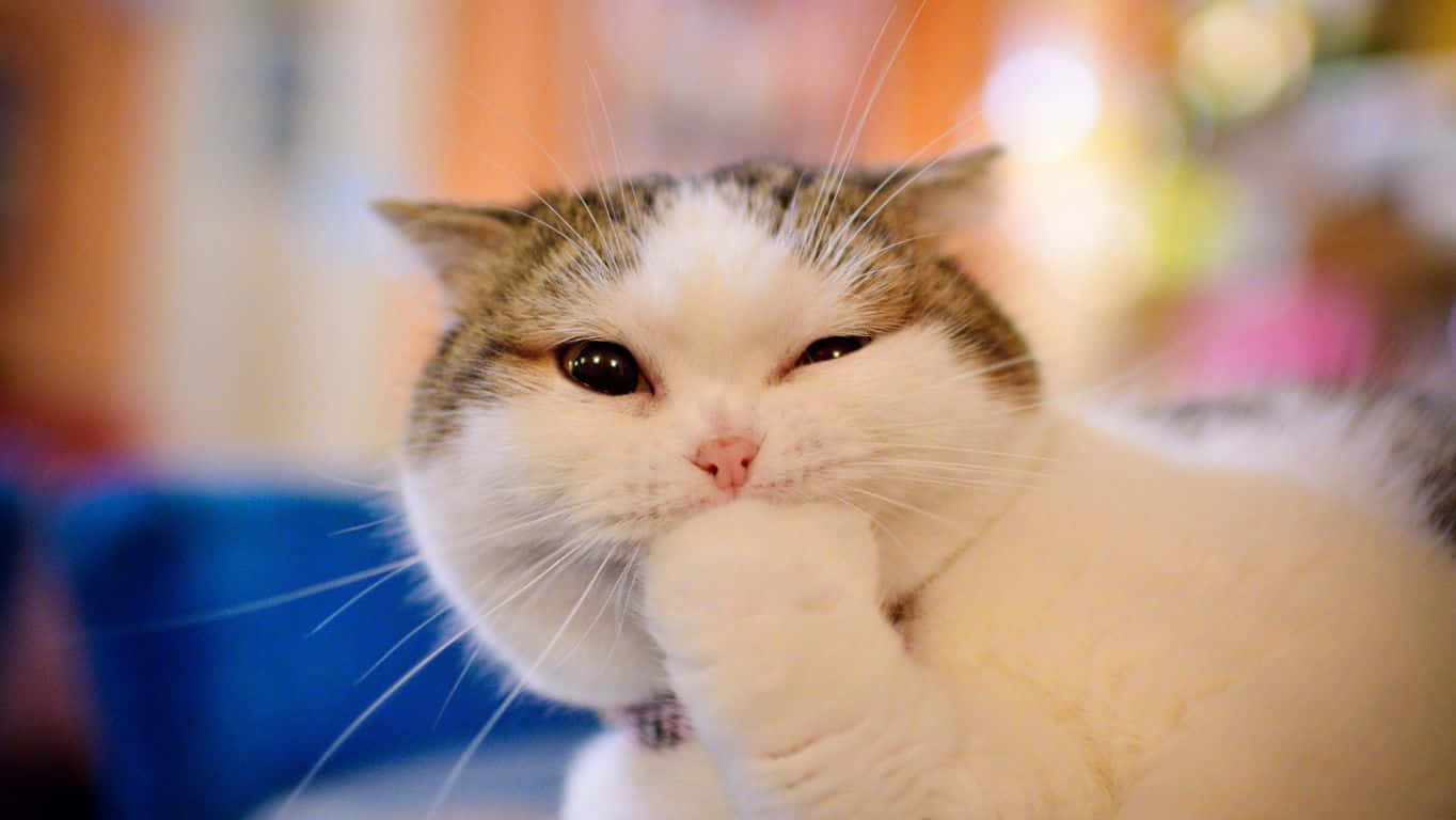 1364x768, fluffy white and gray cat, one eye closed, HD Desktop Wallpaper