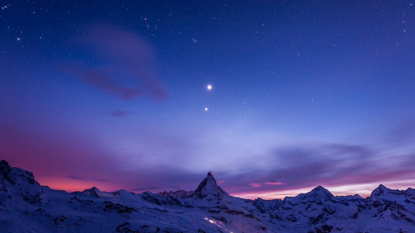 1366 x 768 winter, snowcapped mountain peaks, starry twilight sky, HD Desktop Wallpaper