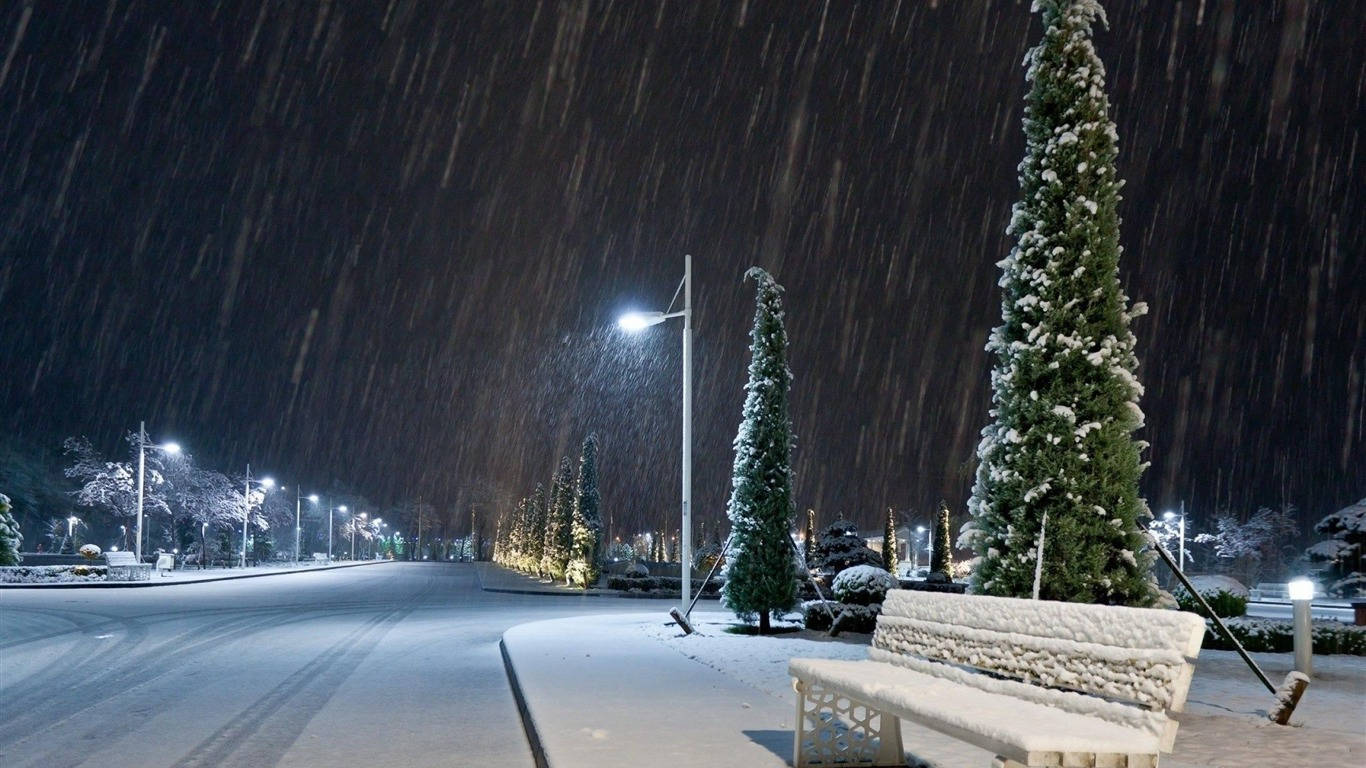 1366 X 768 Winter, snow, night, HD Desktop Wallpaper
