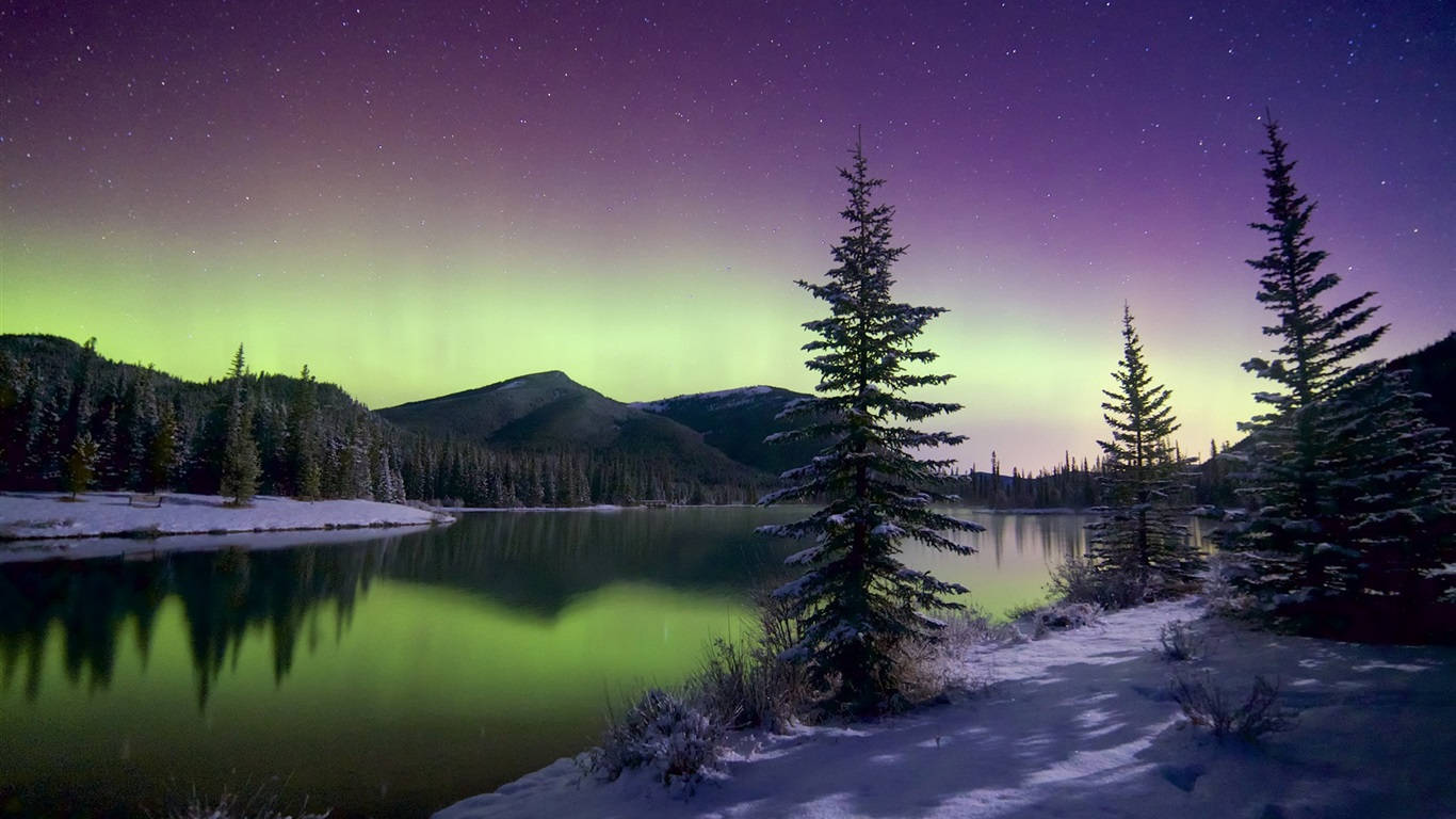 1366 x 768 winter, snowy lake, vibrant green auroras, HD Desktop Wallpaper