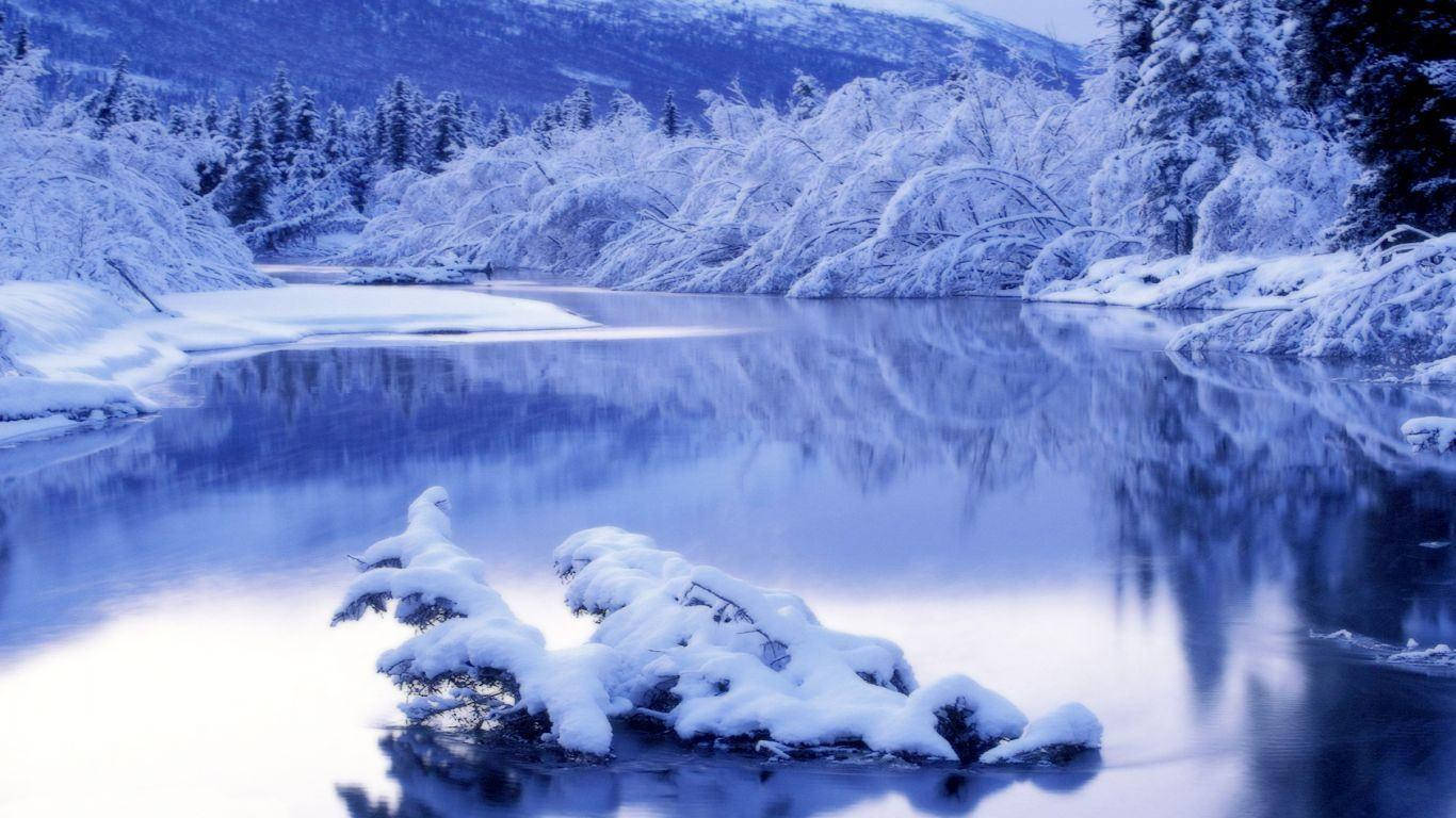 1366 x 768 winter, snow-covered trees, mountains, HD Desktop Wallpaper