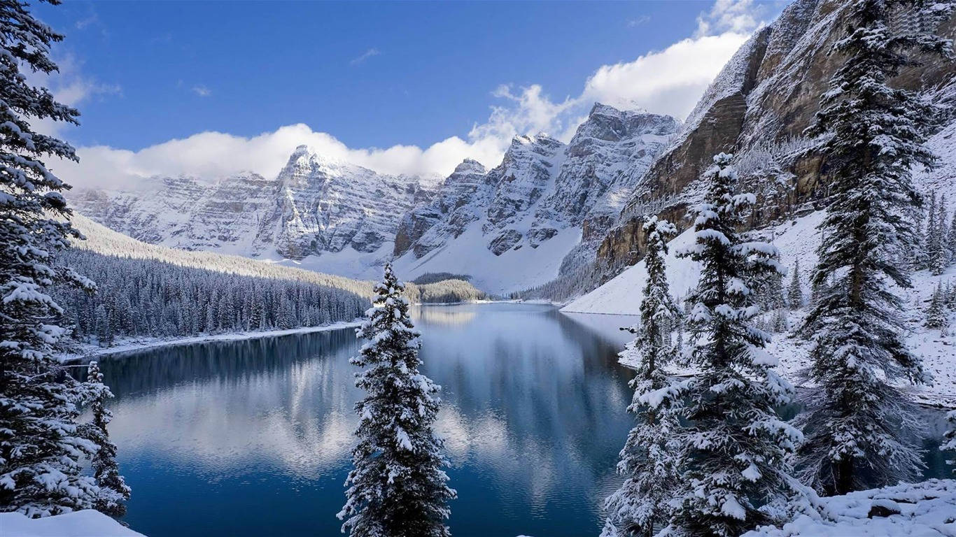 1366 x 768 winter, snow-covered pine trees, serene blue lake, HD Desktop Wallpaper