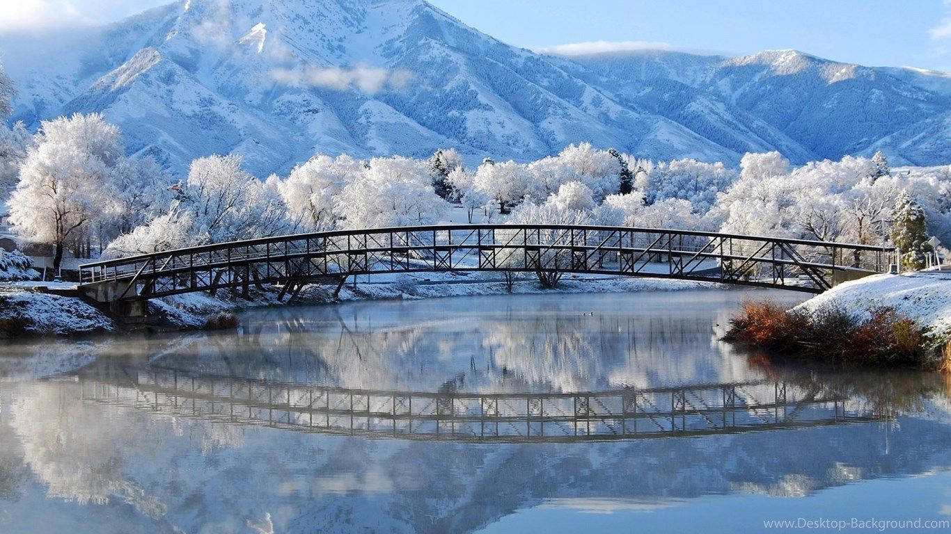1366 x 768 winter, snow-covered bridge, calm river, HD Desktop Wallpaper