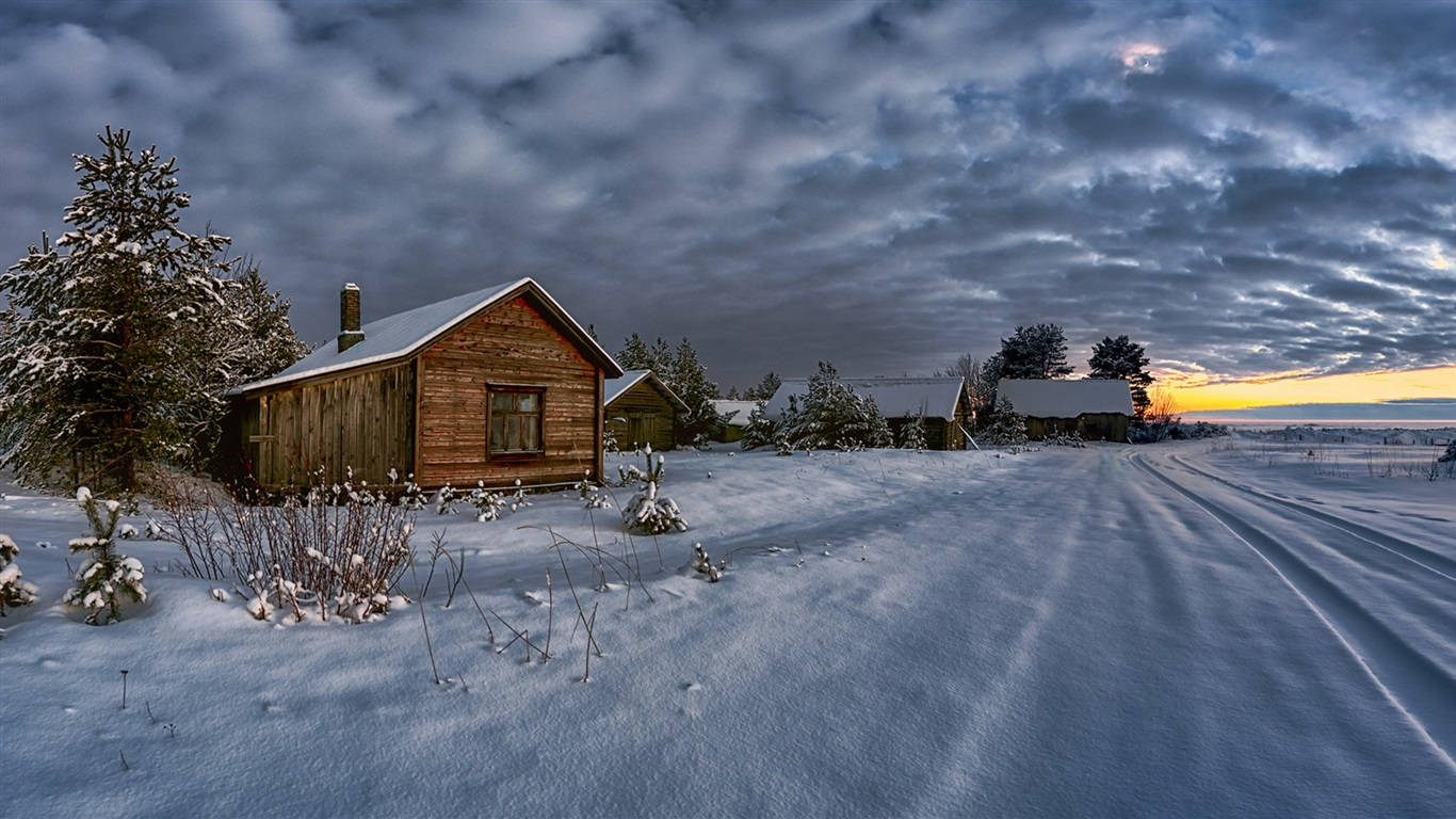 1366 x 768 winter, wooden cabin, snow-covered field, HD Desktop Wallpaper