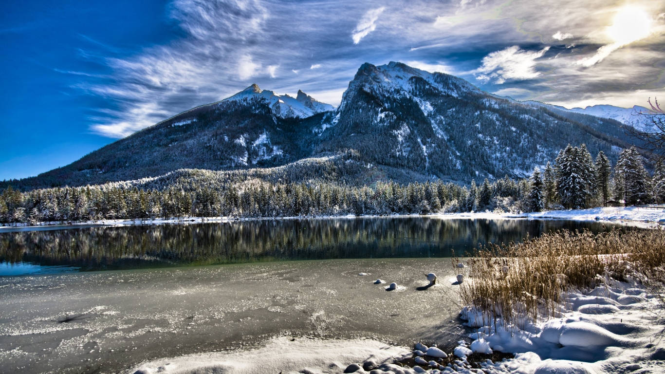 1366 x 768 winter, snow-capped mountains, frozen lake, HD Desktop Wallpaper