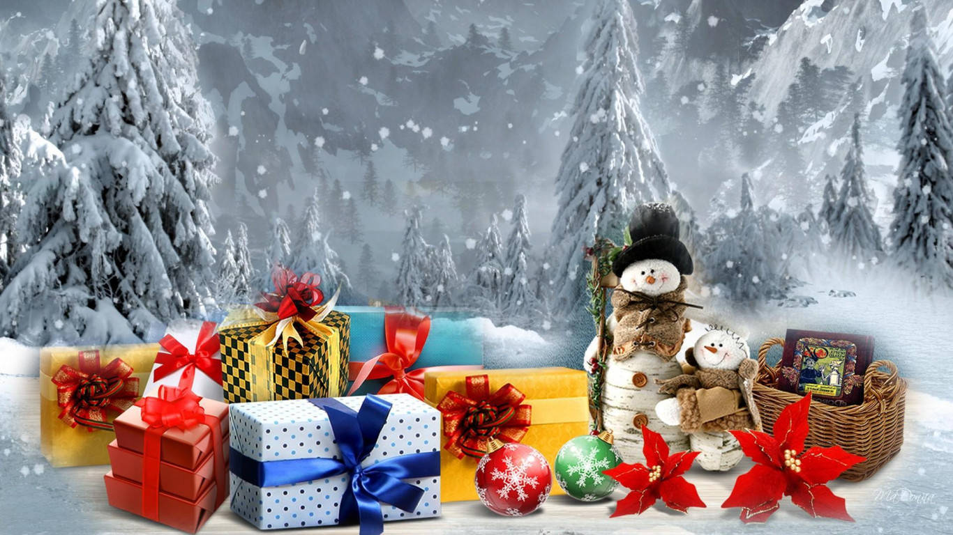 1366 x 768 winter, snow-covered pine trees, festive winter scene, HD Desktop Wallpaper