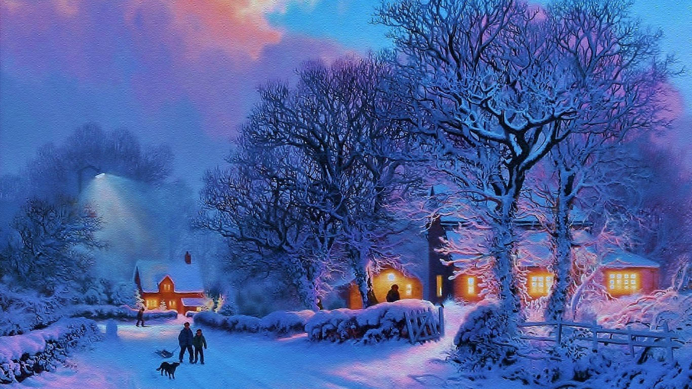 snowy village, twilight, glowing windows, HD Desktop Wallpaper