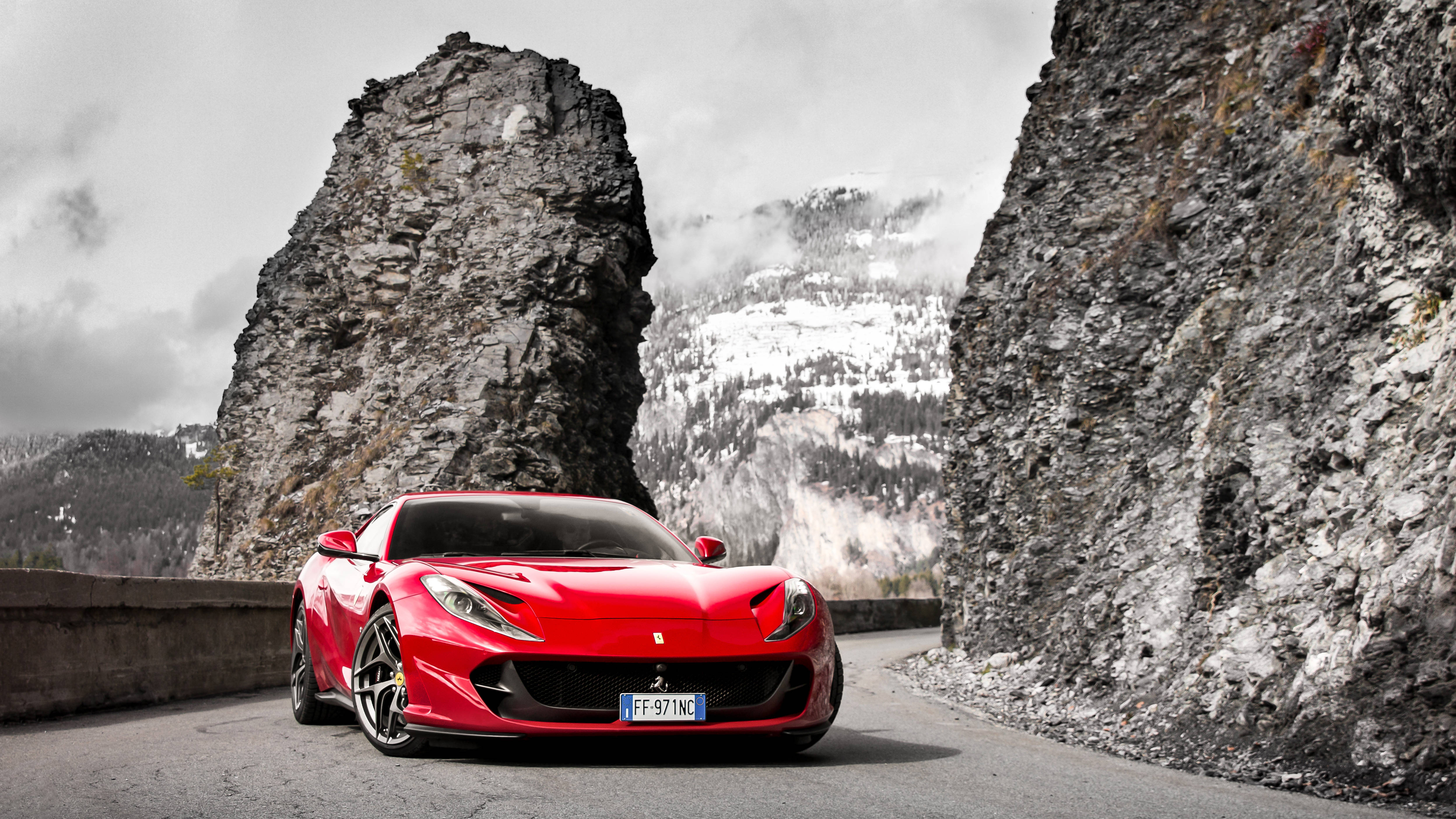 Ferrari, vibrant red, winding mountain road, 4K Desktop Wallpaper