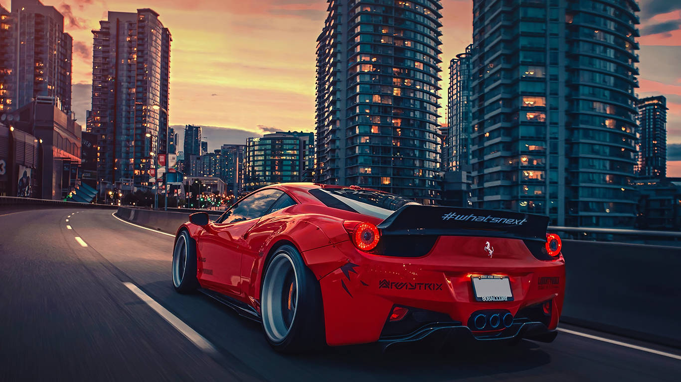 Ferrari, vibrant red, city highway, HD Desktop Wallpaper