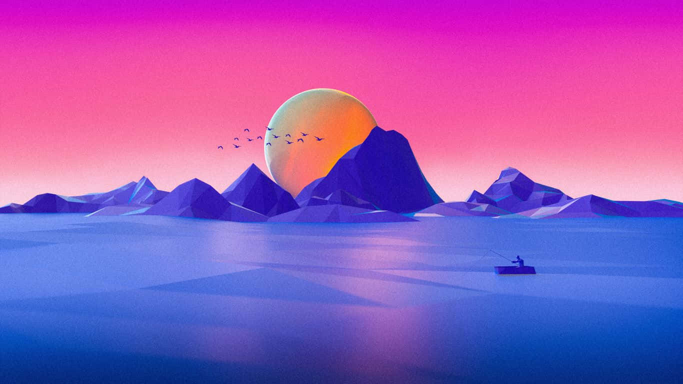 1366x768 minimalist, pink sky, calm blue waters, HD Desktop Wallpaper