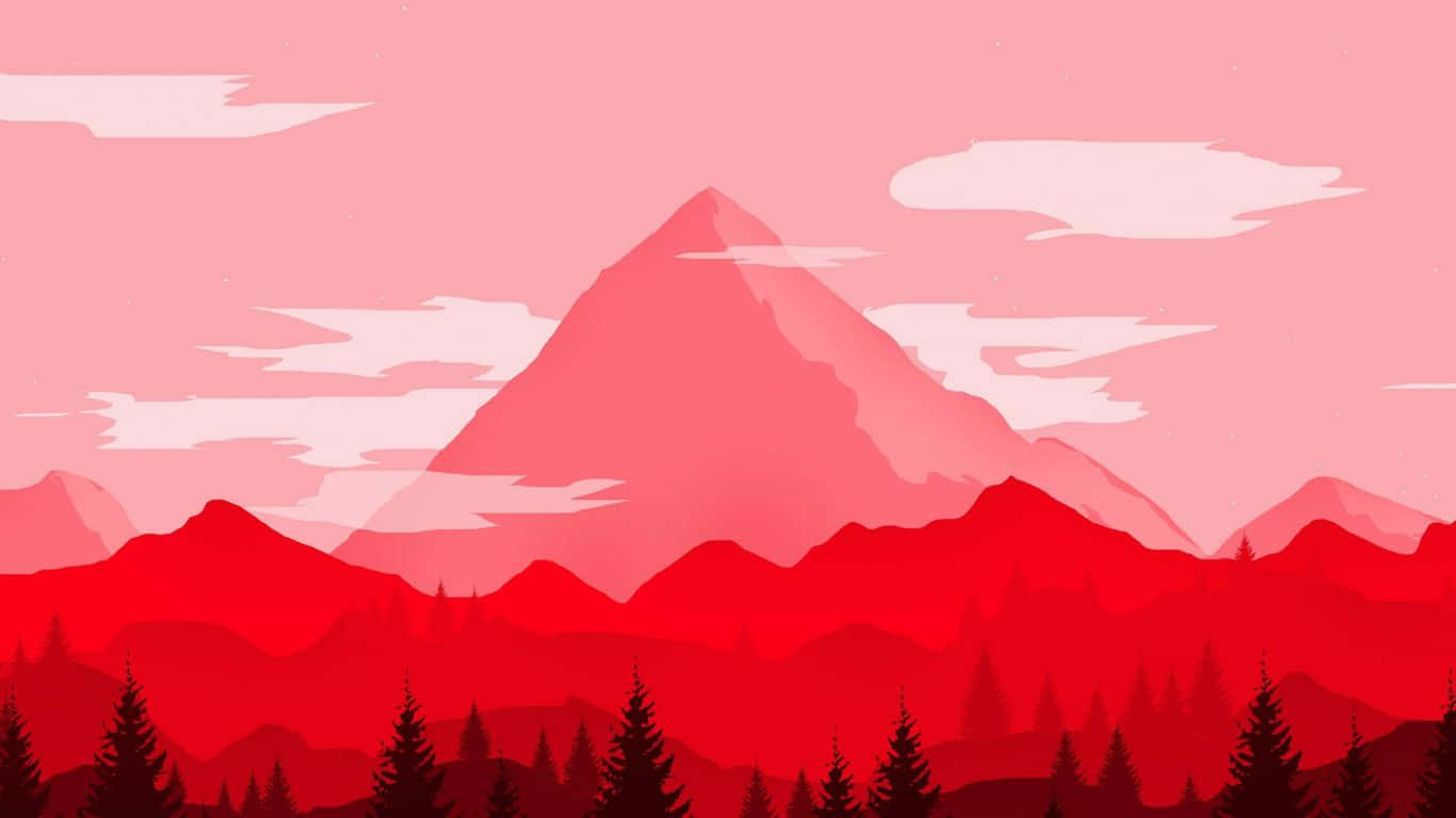 red mountain landscape, pink and red hues, silhouetted pine trees, HD Desktop Wallpaper