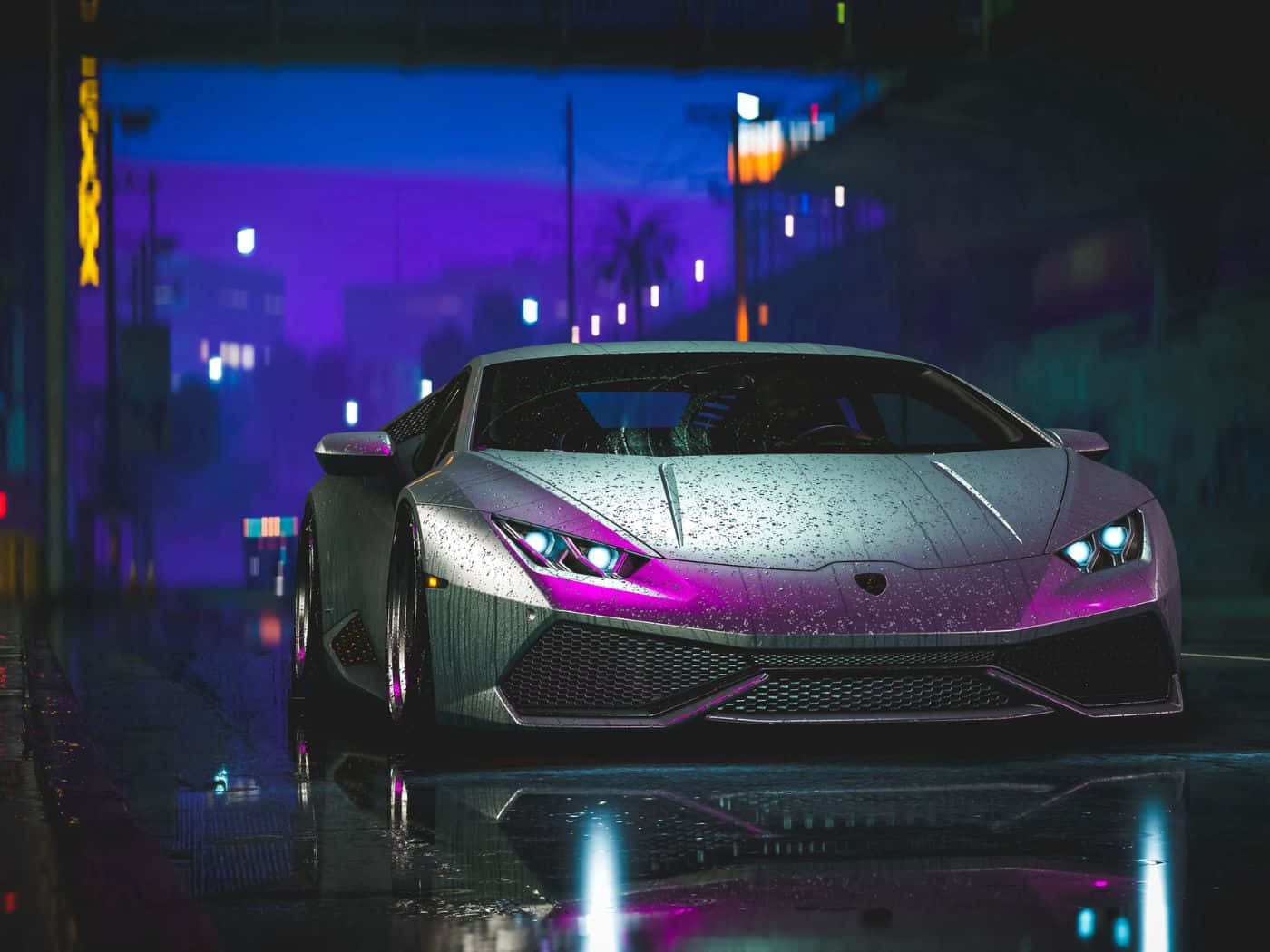 1400x1050, neon lights, rain-slicked urban street, HD Desktop Wallpaper