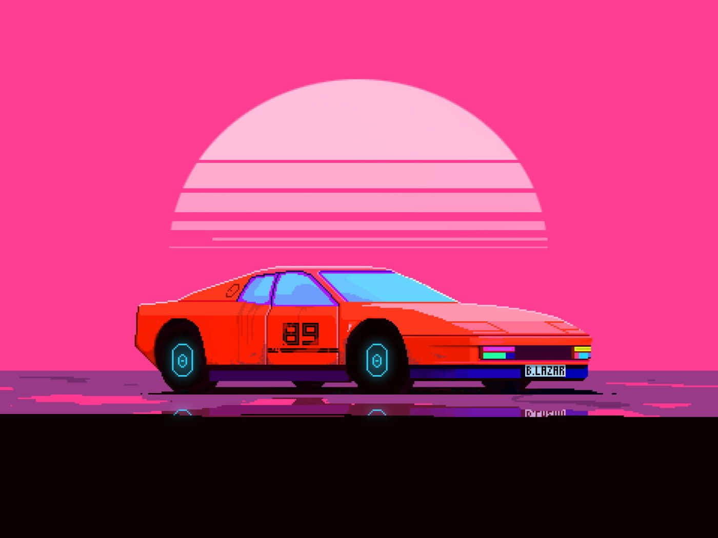 vibrant orange retro sports car, glowing wheels, stylized pink sunset, HD Desktop Wallpaper