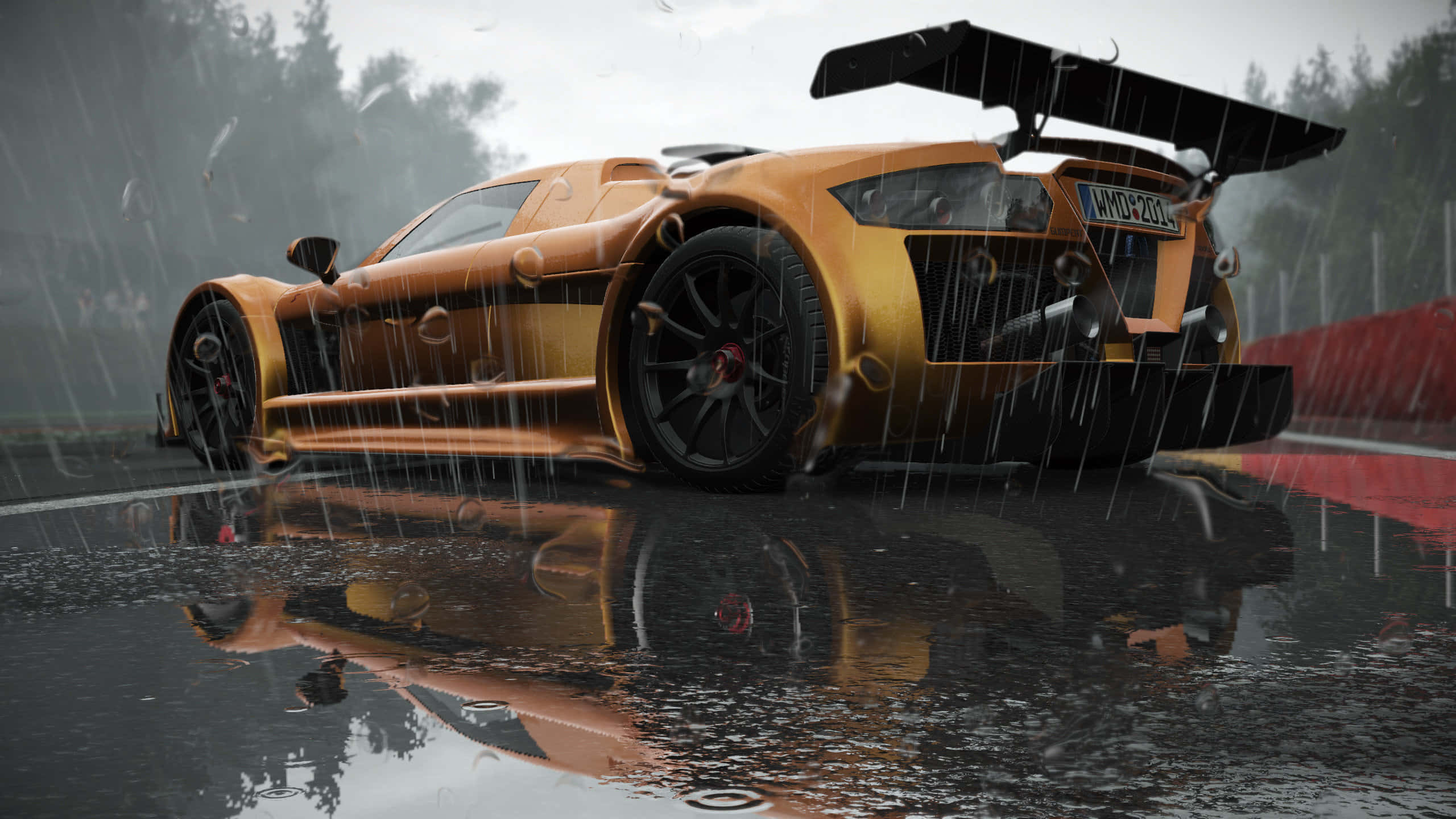 gold race car, black wing, heavy rain, 2K Desktop Wallpaper