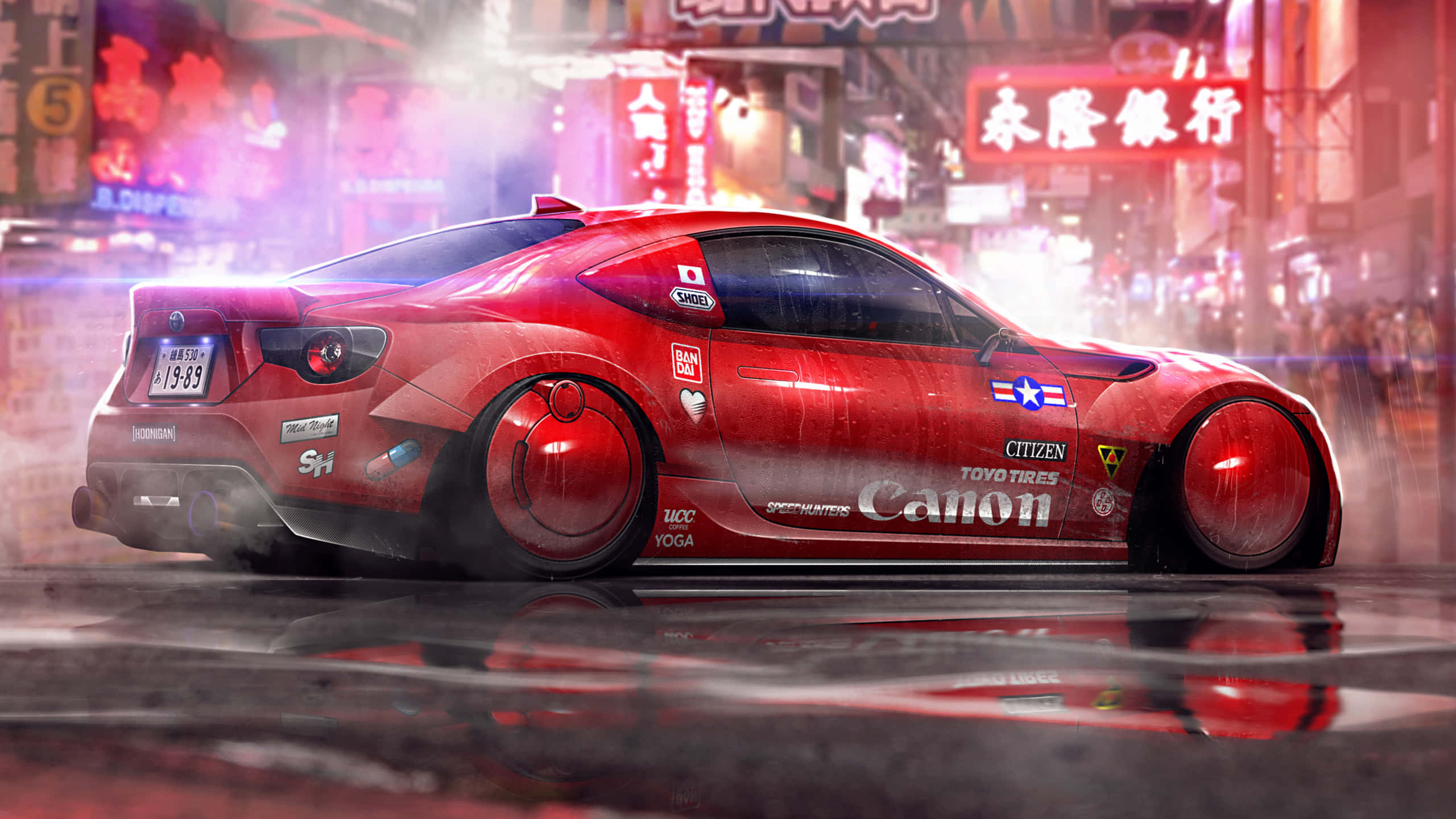 red modified sports car, neon-drenched rainy Tokyo street, night, 2K Desktop Wallpaper