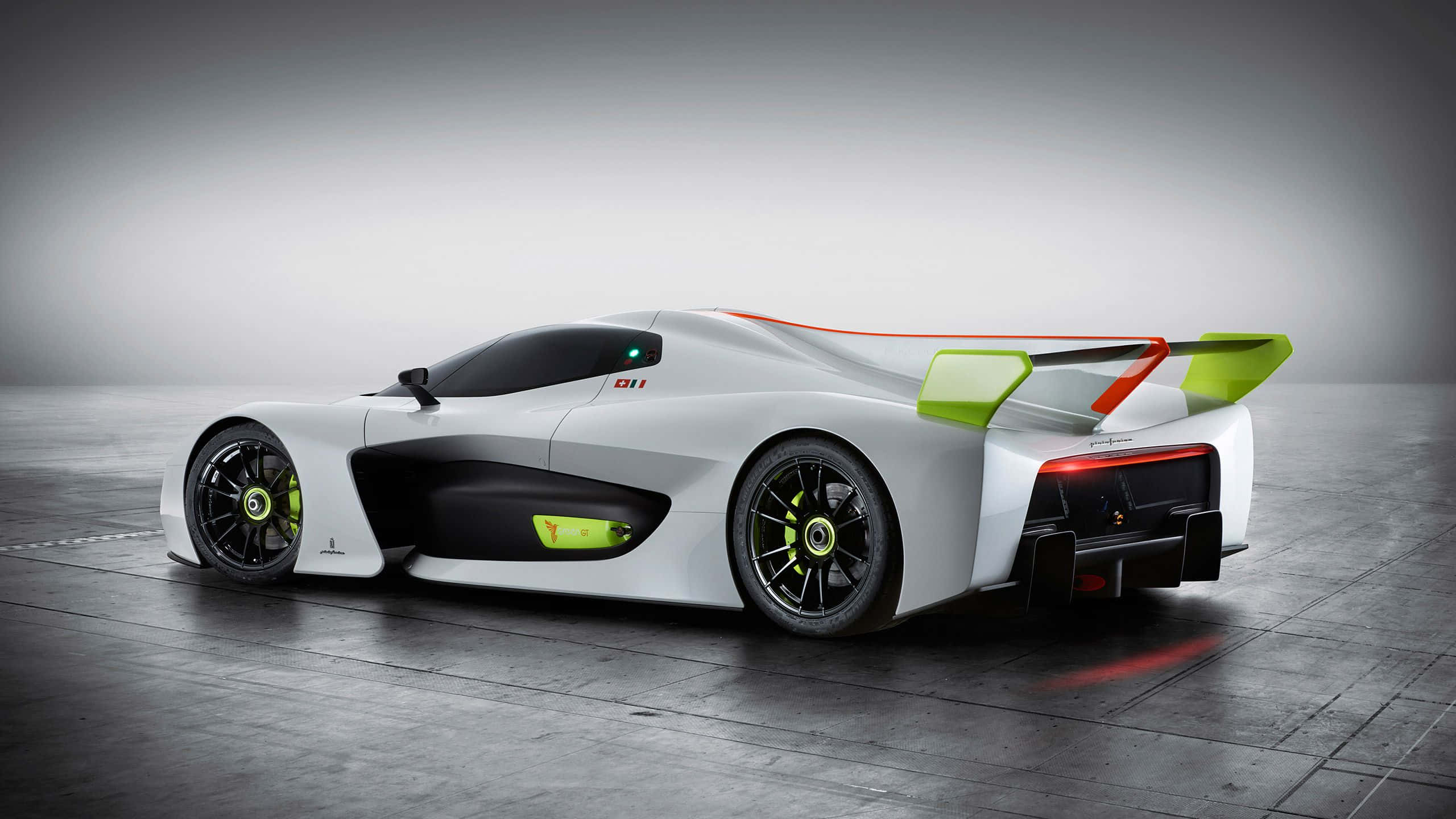 white hypercar, lime green accents, large rear wing, 2K Desktop Wallpaper