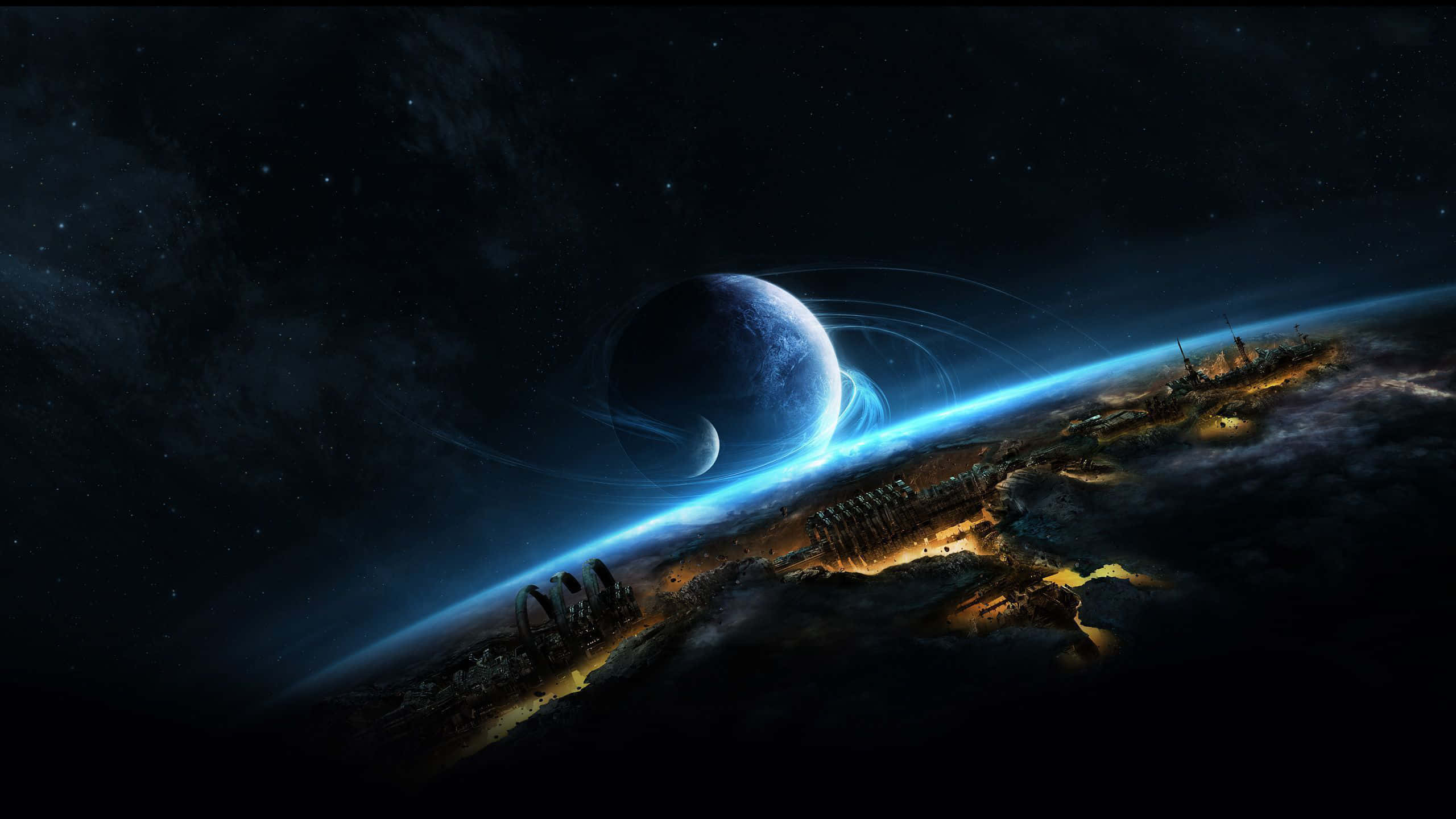 1440p space, futuristic space station, glowing blue planet, 2K Desktop Wallpaper