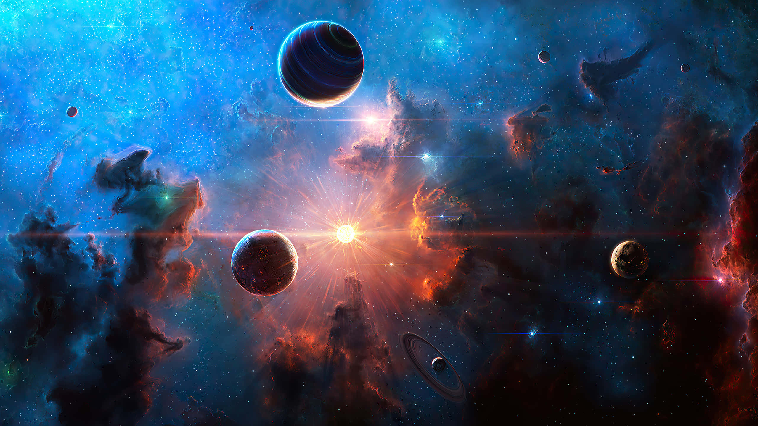 1440p space, glowing nebulae, radiant central star, 2K Desktop Wallpaper
