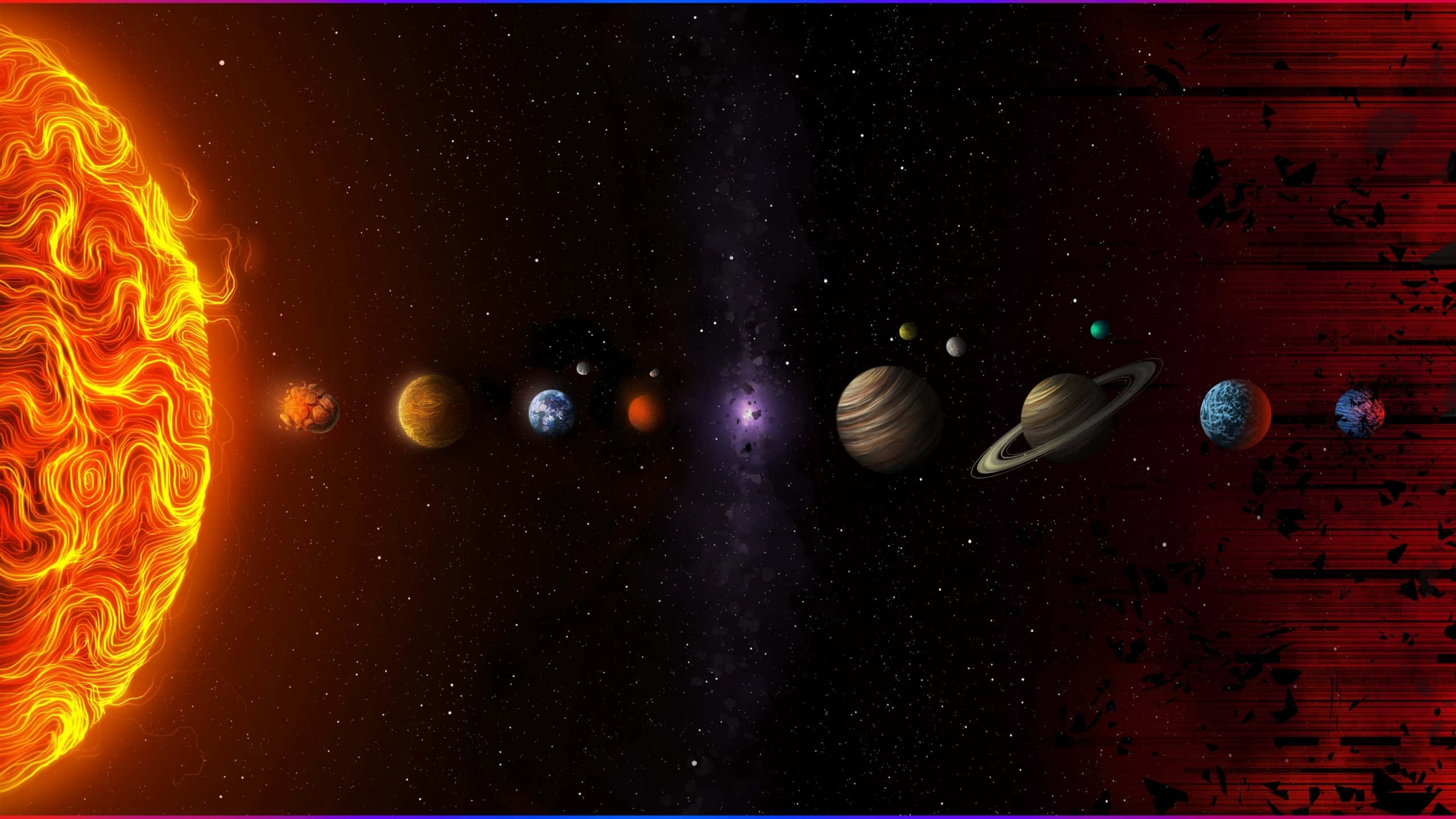 fiery sun, planets orbit, starry void, 2K Desktop Wallpaper