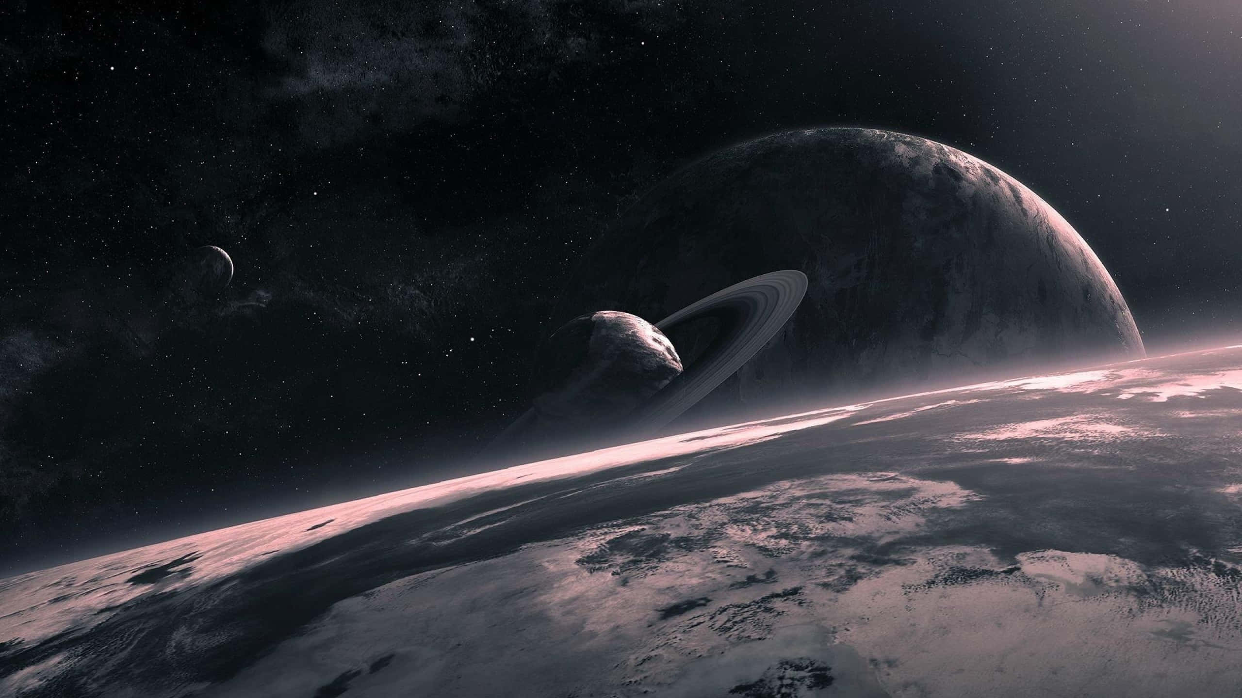 ringed planet, snowy alien landscape, starry cosmic sky, 2K Desktop Wallpaper