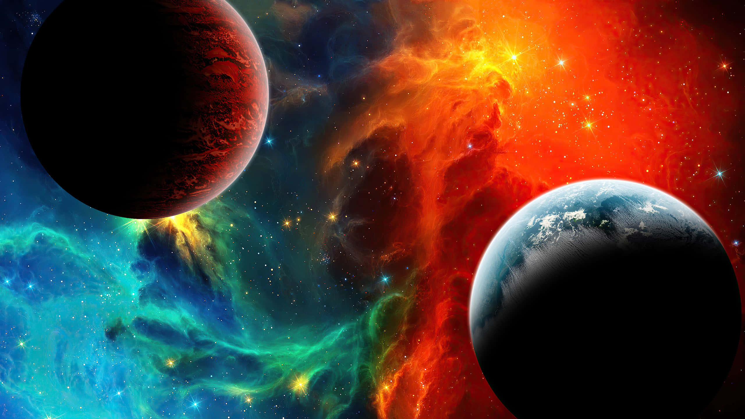 cosmic nebula, swirling red orange and teal clouds, two planets, 2K Desktop Wallpaper