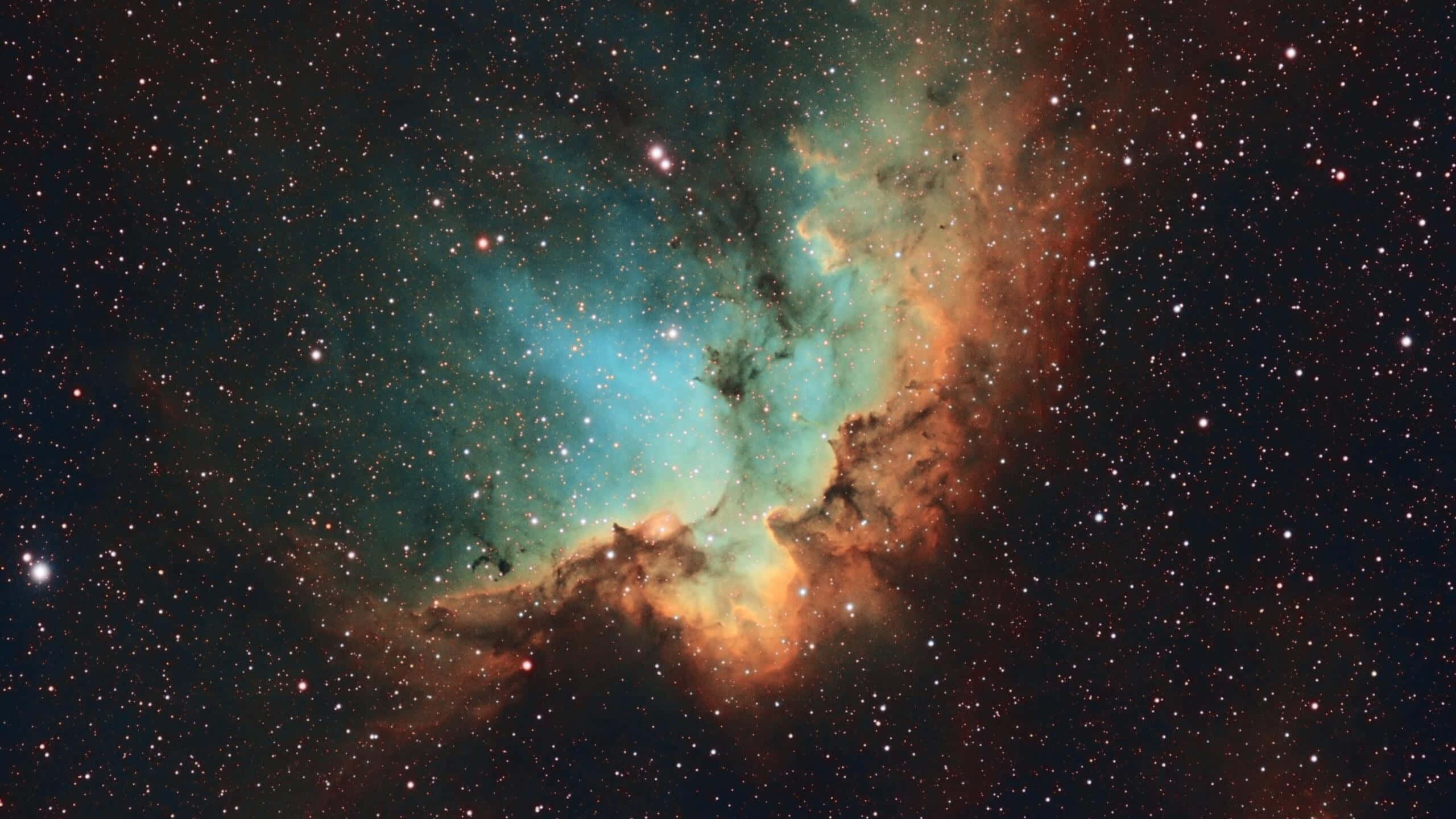 cosmic nebula, teal and orange gas clouds, starfield, 2K Desktop Wallpaper