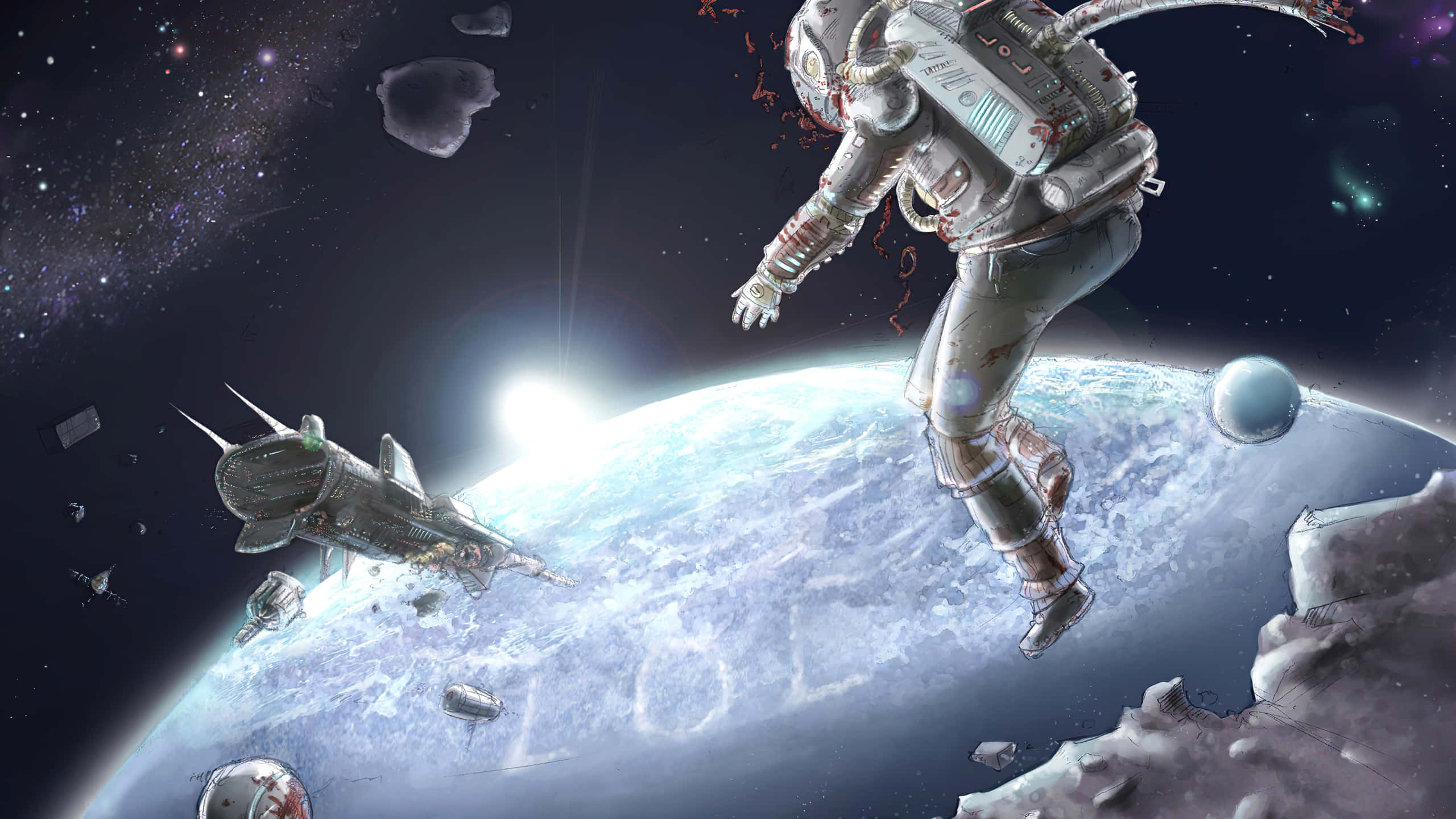 astronaut, damaged spaceship, Earth, 2K Desktop Wallpaper