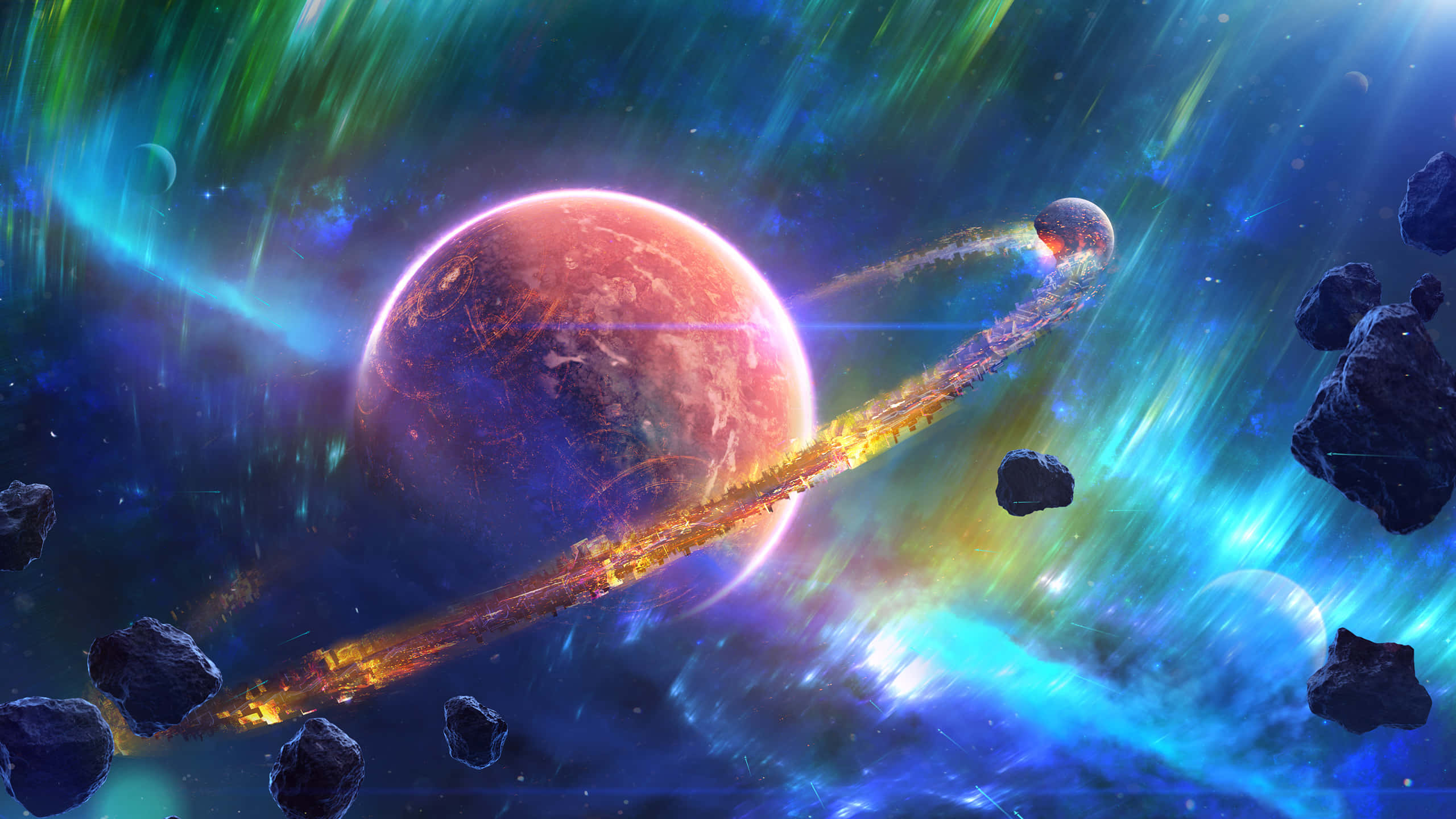 glowing red planet, fiery ring, floating asteroids, 2K Desktop Wallpaper