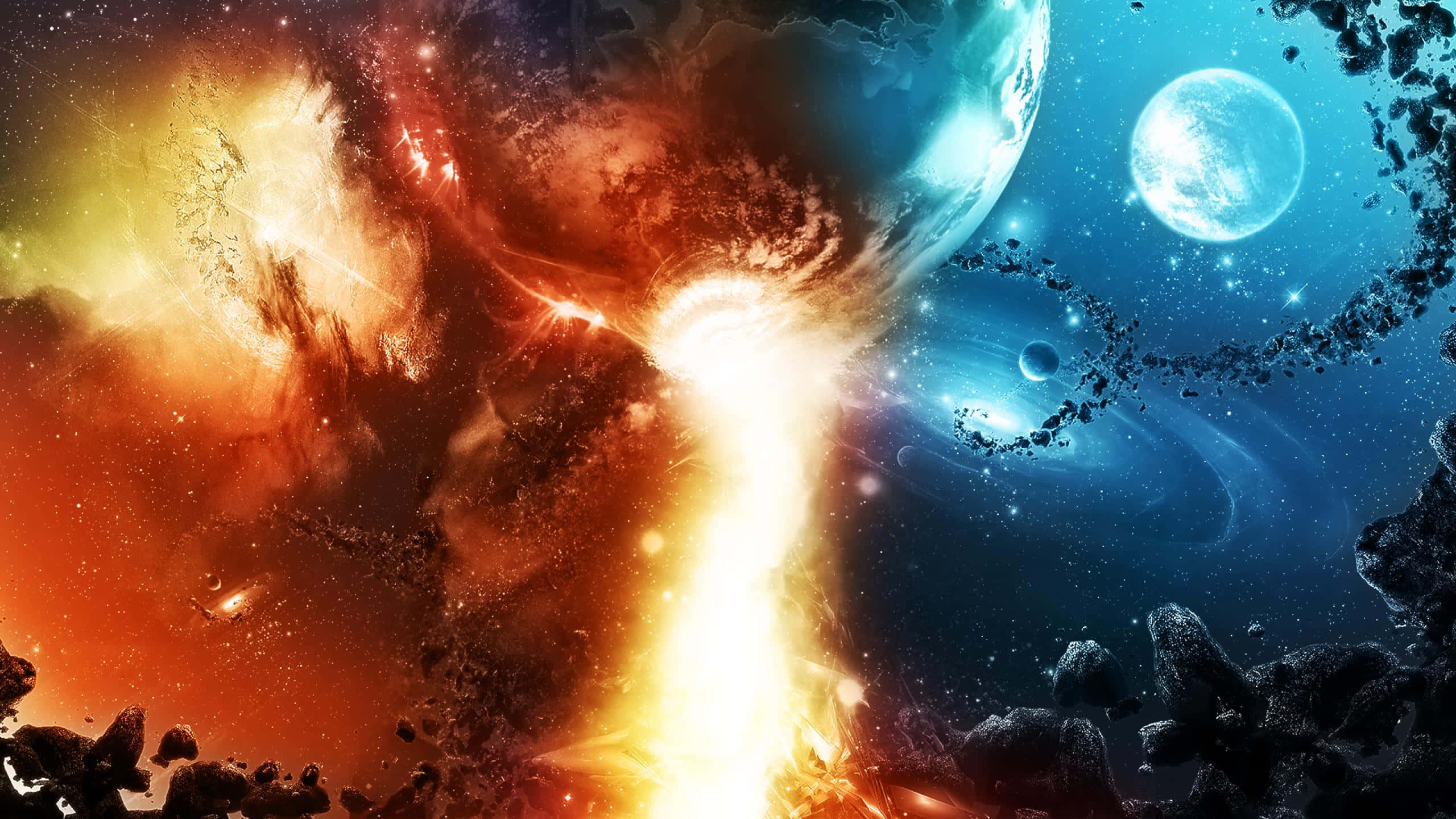 1440p space, cosmic collision, fiery orange energy, 2K Desktop Wallpaper