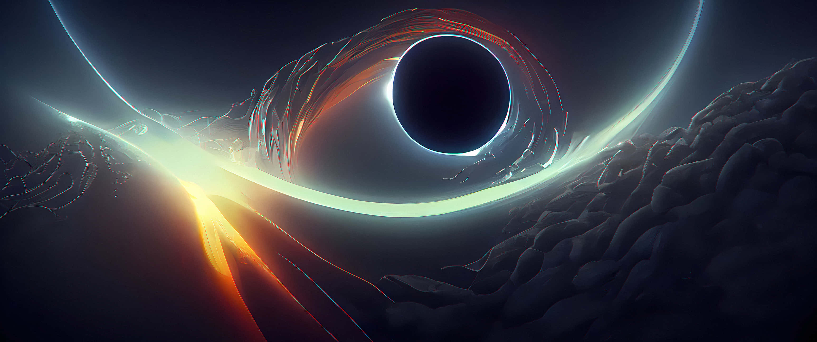 ultra wide 3440x1440 space, cosmic black hole, glowing accretion disk, 2K Desktop Wallpaper