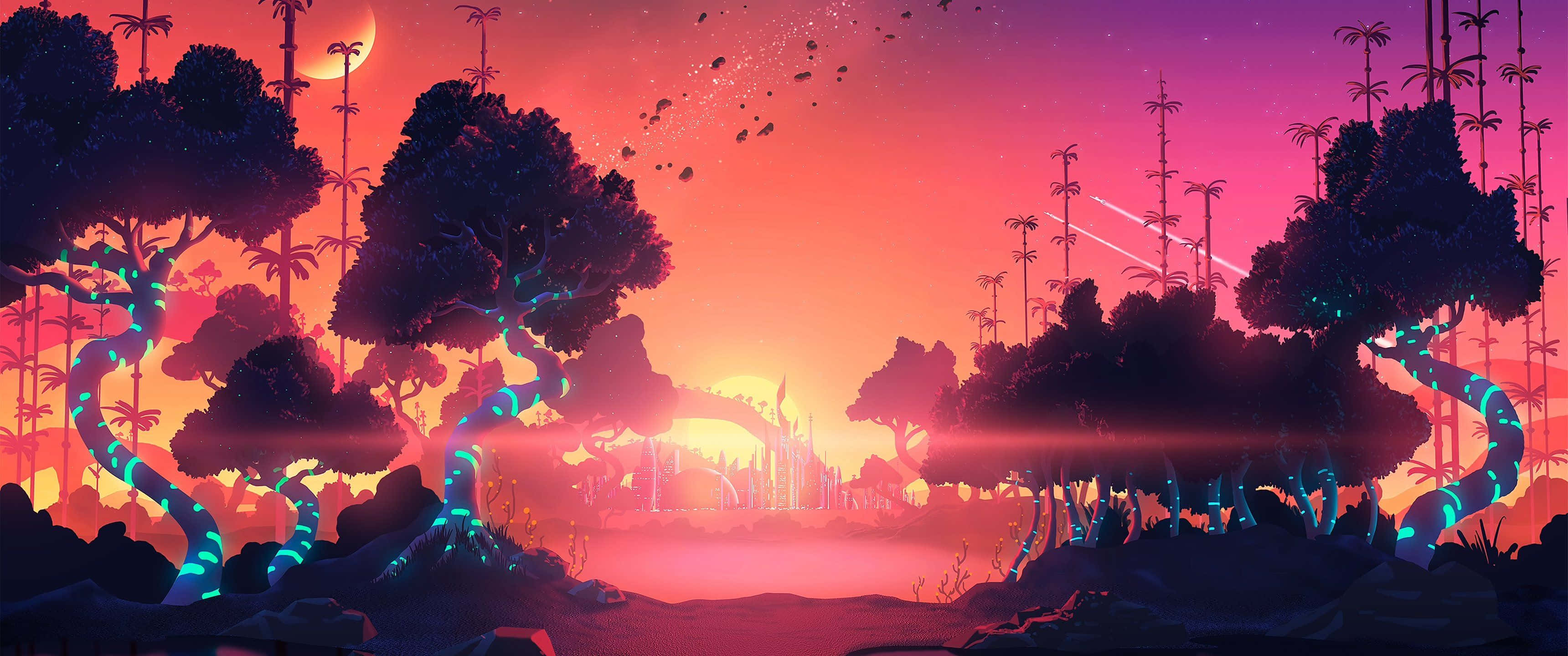 ultra wide 3440x1440, sunset, alien forest, 2K Desktop Wallpaper