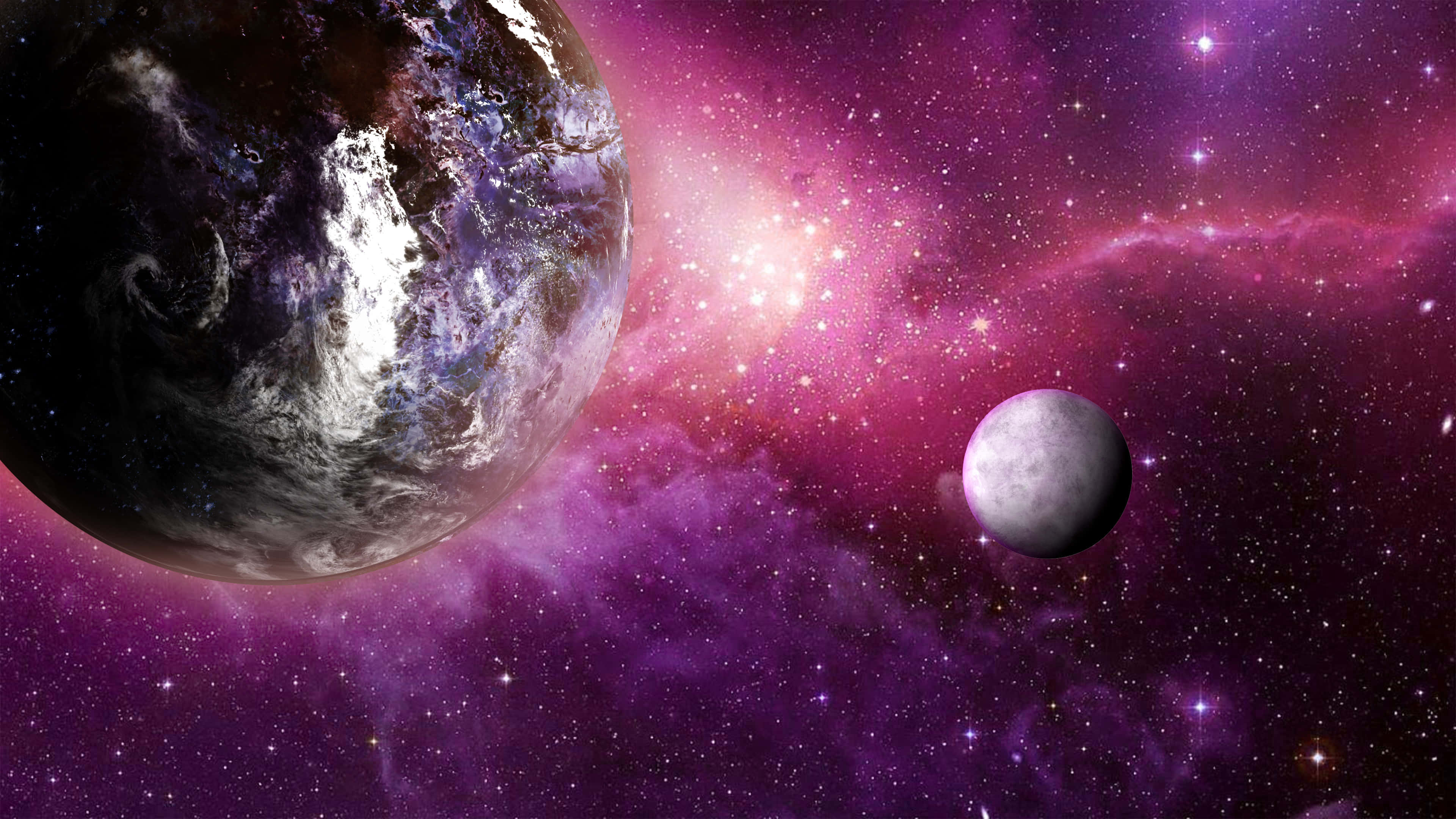 purple nebula, detailed planet, smaller moon, 4K Desktop Wallpaper