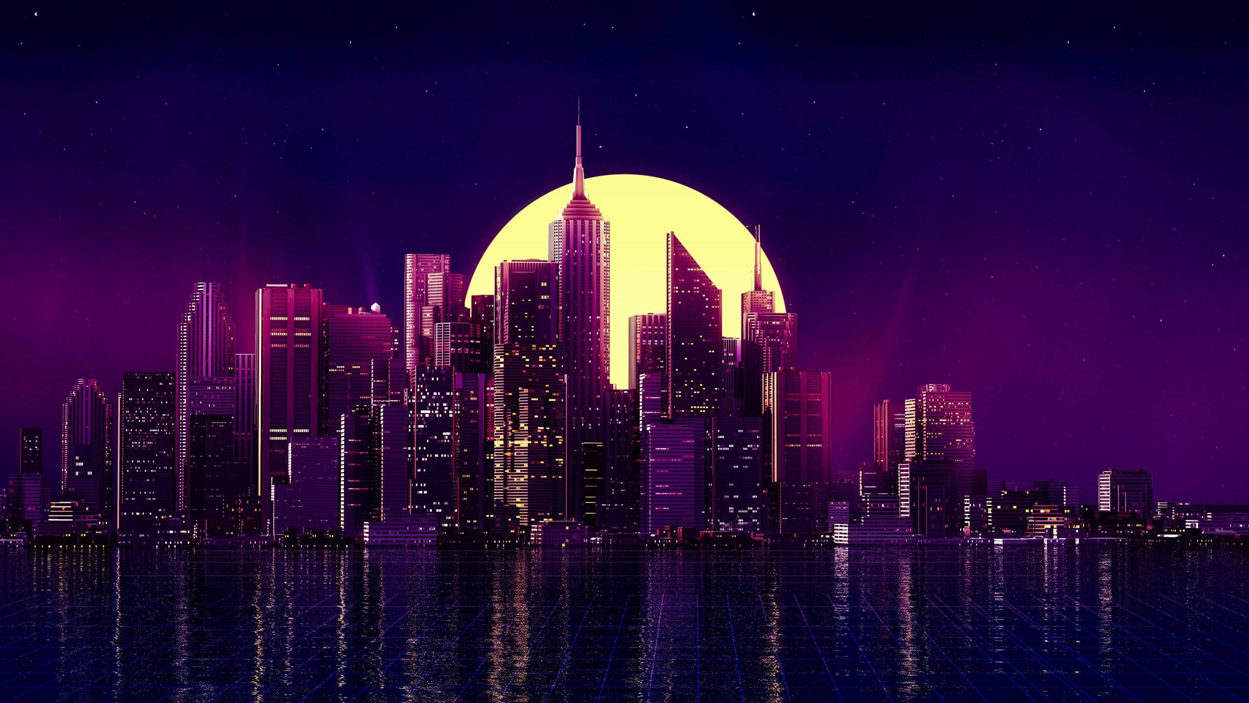 1440p HD, Purple Aesthetic, neon-drenched city skyline, 2K Desktop Wallpaper