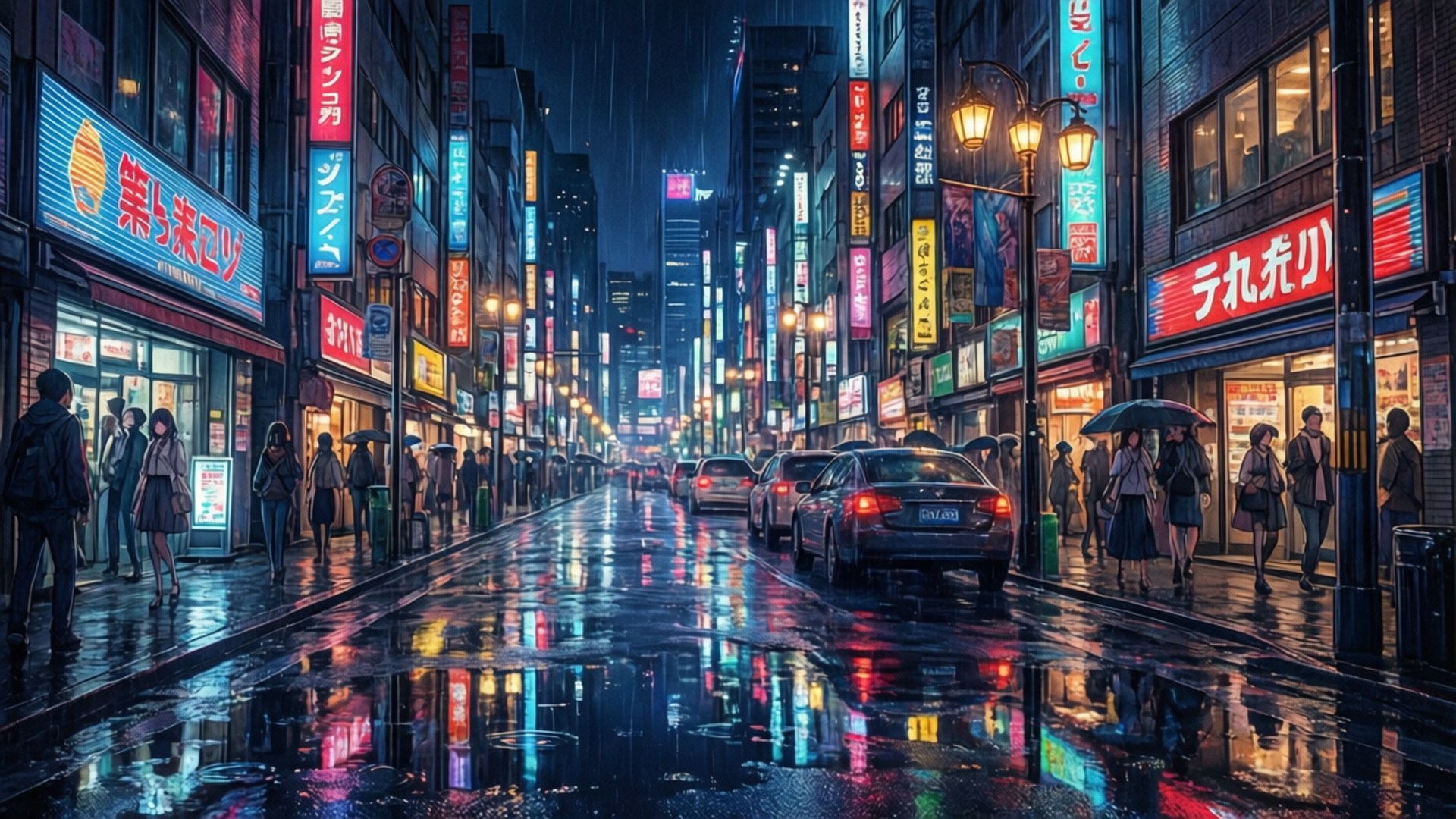 neon-lit Tokyo street, glowing signs, wet pavement, Full HD Desktop Wallpaper